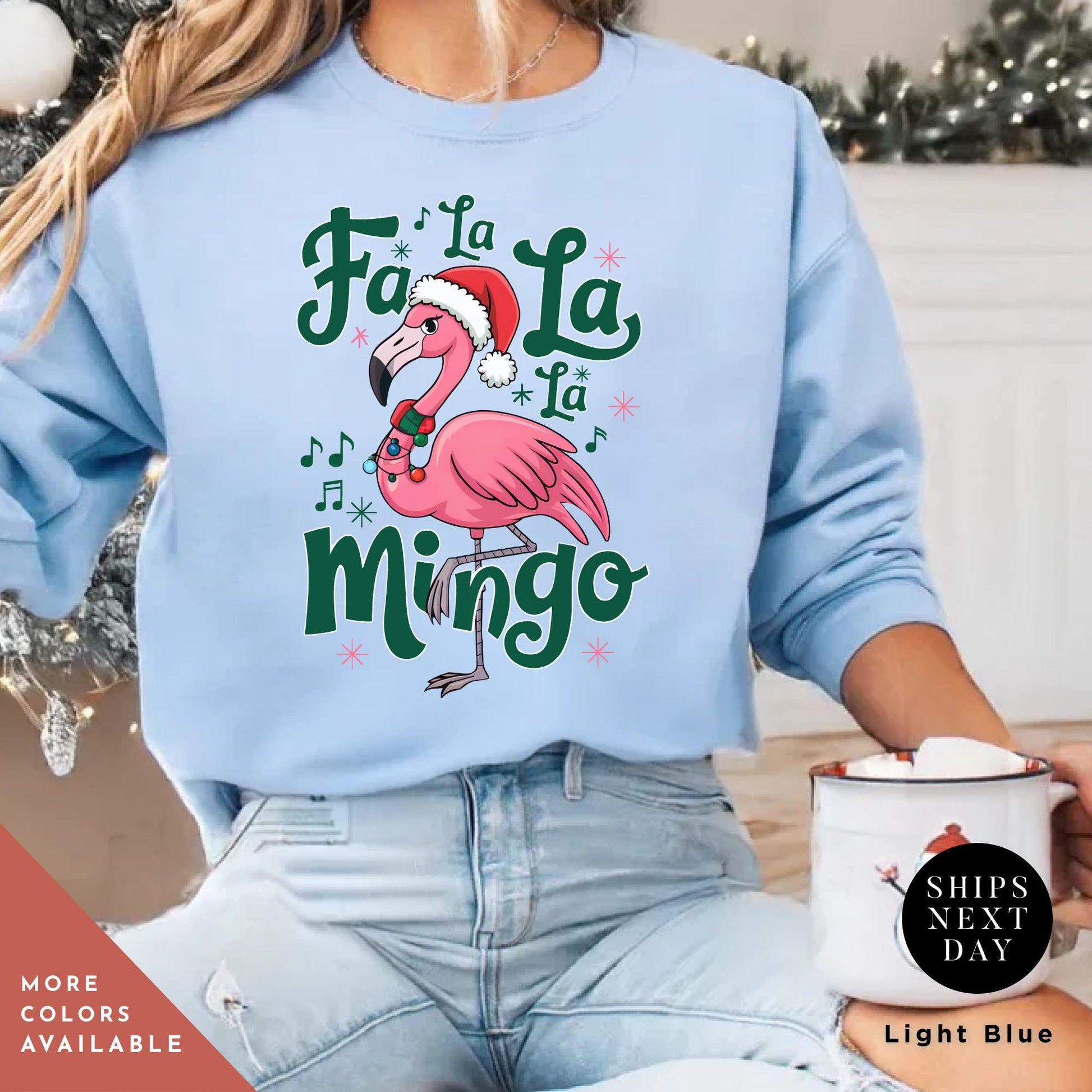 a woman wearing a blue sweatshirt with a pink flamingo on it, Flamingo Print Christmas Sweatshirt, Pink Flamingo Christmas, Flamingos Sweatshirt, Flamingos Lover Gift, Ugly Funny Crewneck Xmas Sweater