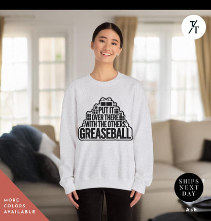 a woman wearing a white sweatshirt with the words, put it over there with the others,  greaseball, Christmas Sweatshirt National Lampoon&#39;S Christmas Vacation Clark Griswold Quote, You Serious Clark, Movie Quote Griswold Xmas Sweatshirt