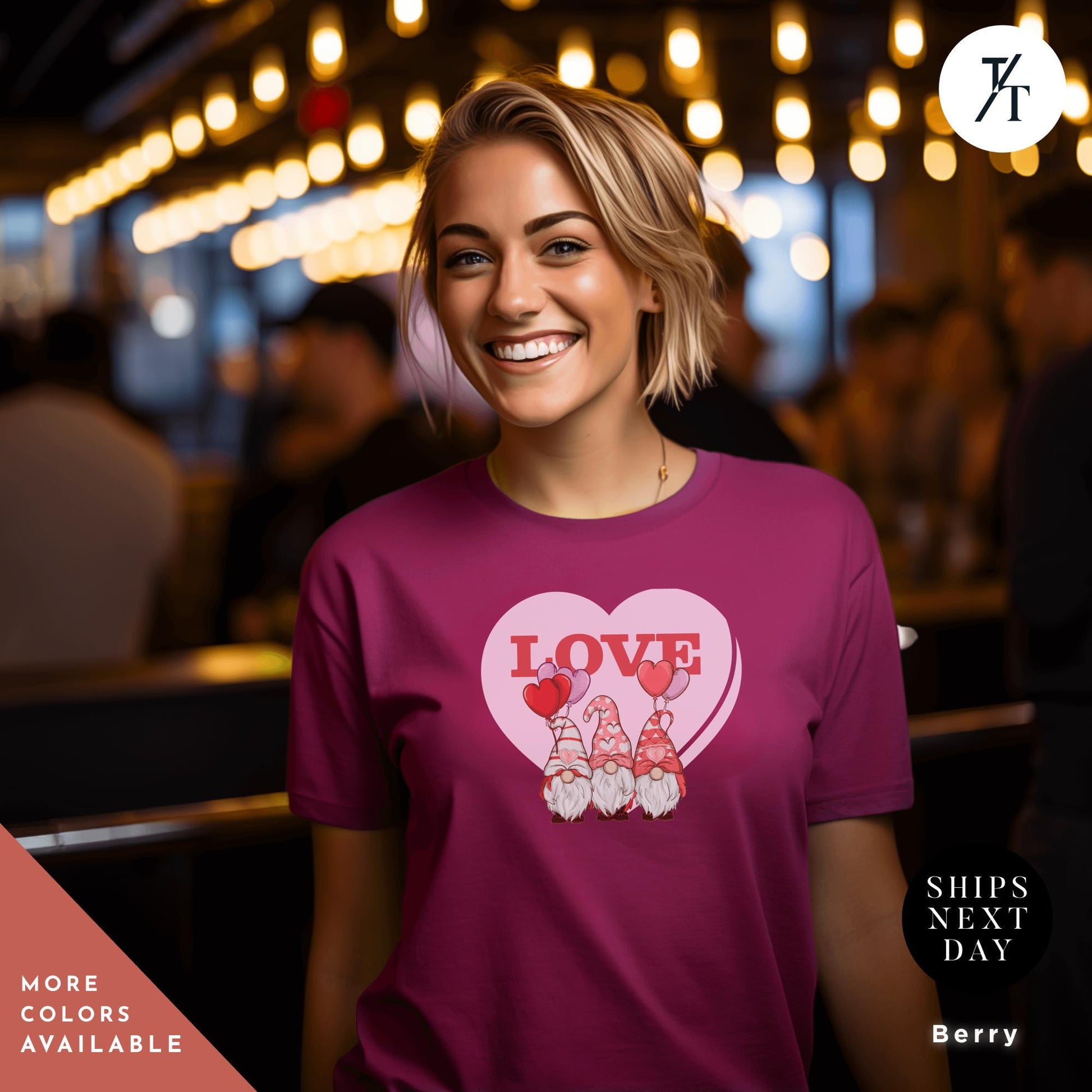 a woman wearing a berry t - shirt with two gnomes on it, Gnome Love Shirt Valentines Day Shirt, Valentines Day Gift, Gnome Valentine Tee, Gift For Her, Valentine Tee, Cute Love Heart Gnomes Shirts
