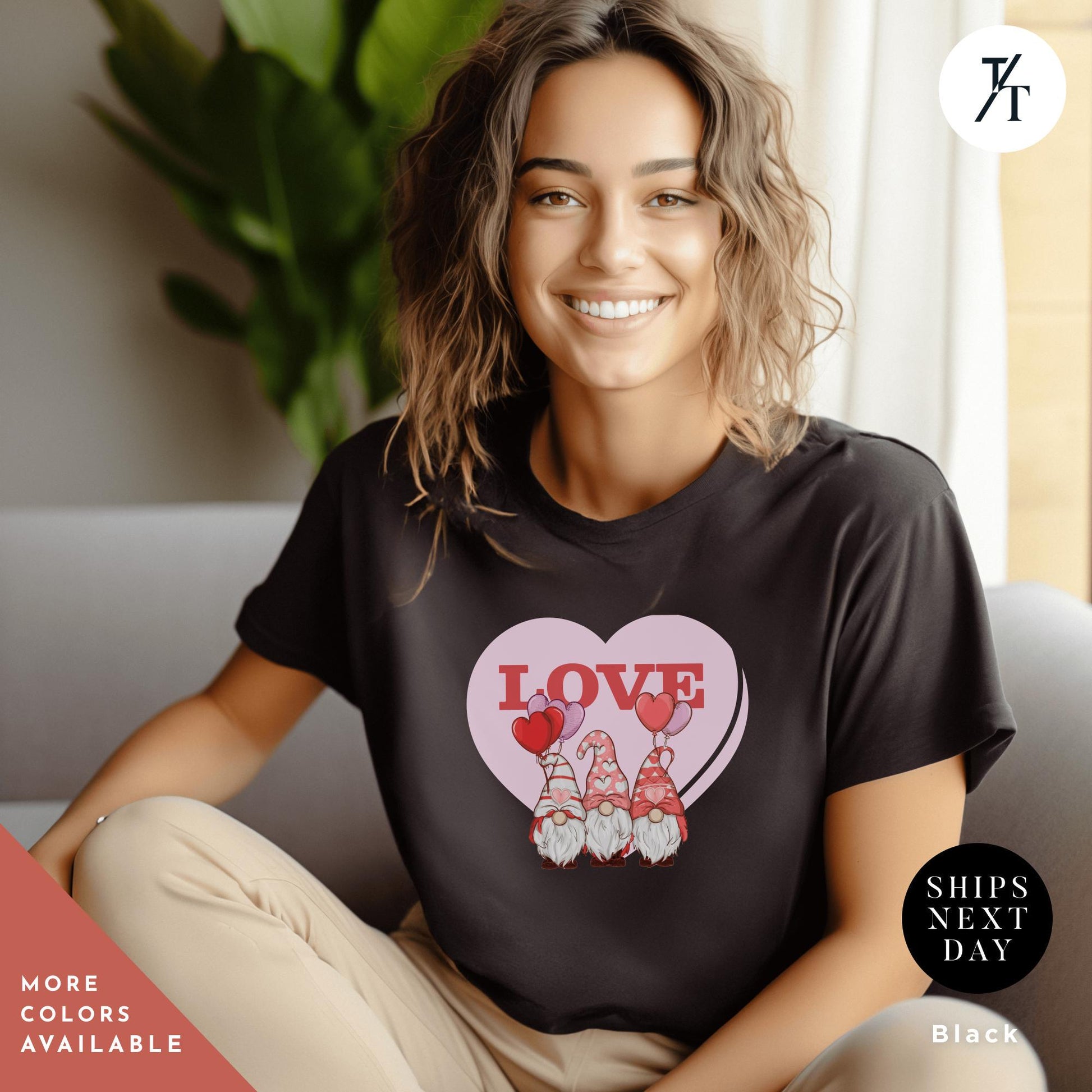 a woman wearing a black t - shirt with two gnomes on it, Gnome Love Shirt Valentines Day Shirt, Valentines Day Gift, Gnome Valentine Tee, Gift For Her, Valentine Tee, Cute Love Heart Gnomes Shirts