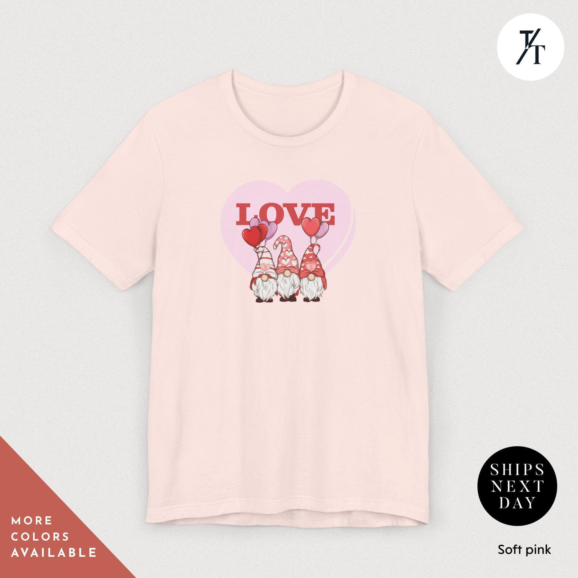 a pink shirt with a heart and gnomes on it, Gnome Love Shirt Valentines Day Shirt, Valentines Day Gift, Gnome Valentine Tee, Gift For Her, Valentine Tee, Cute Love Heart Gnomes Shirts
