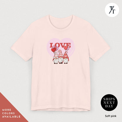 a pink shirt with a heart and gnomes on it, Gnome Love Shirt Valentines Day Shirt, Valentines Day Gift, Gnome Valentine Tee, Gift For Her, Valentine Tee, Cute Love Heart Gnomes Shirts