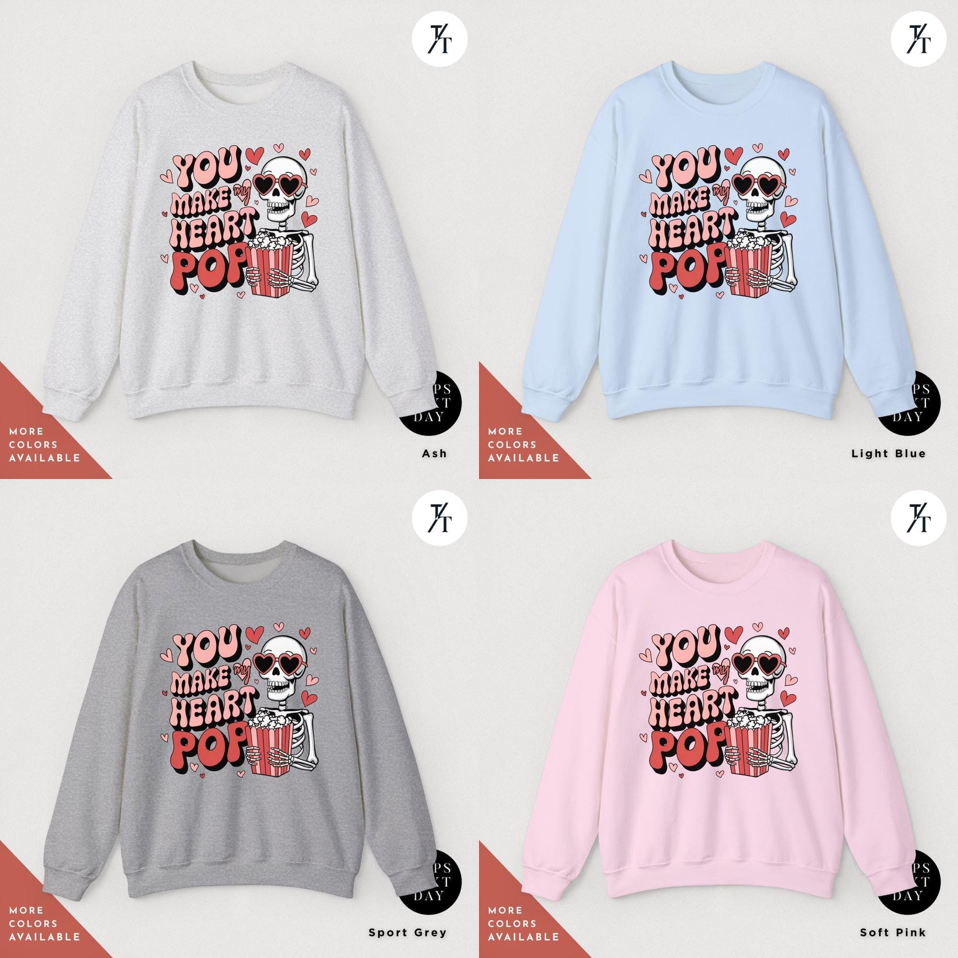 You make my heart pop skeleton Valentines Day Sweatshirt Gift For Her, Funny Popcorn Lover Gift Pop Heart Sweatshirts