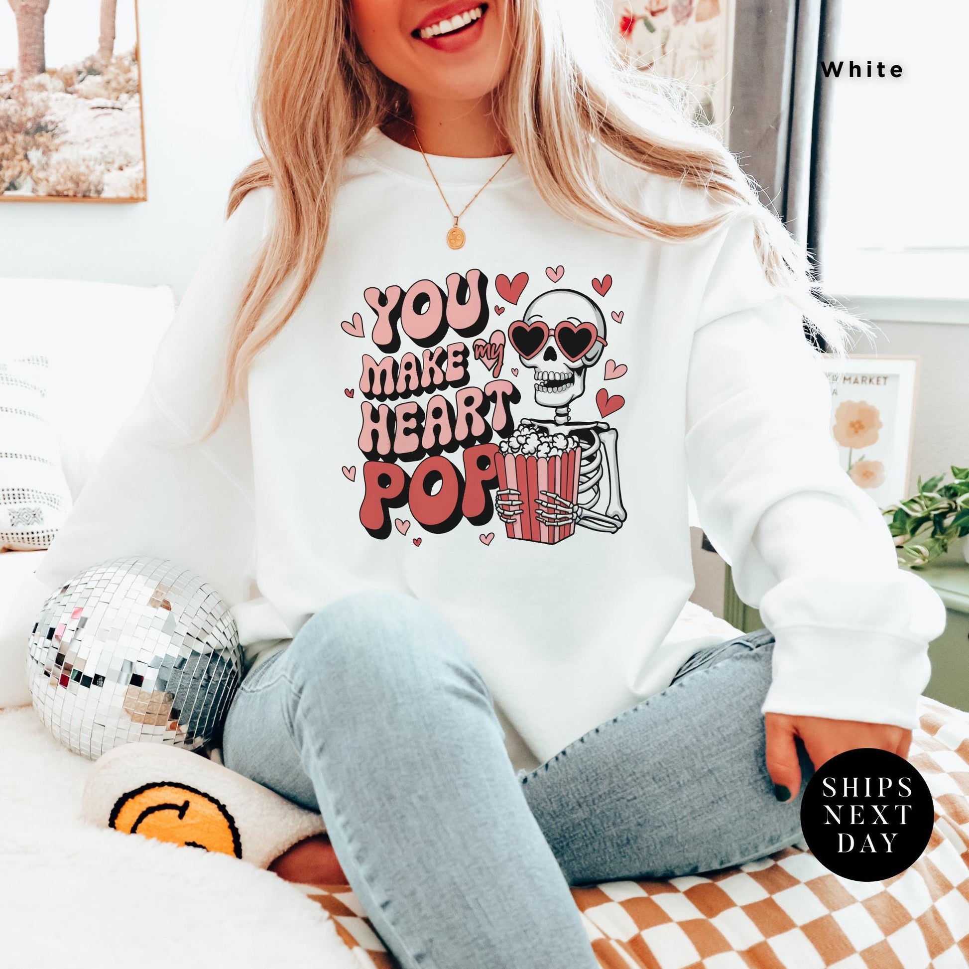 You make my heart pop skeleton Valentines Day Sweatshirt Gift For Her, Funny Popcorn Lover Gift Pop Heart Sweatshirts