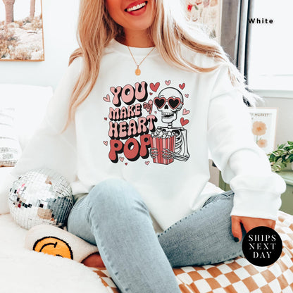 You make my heart pop skeleton Valentines Day Sweatshirt Gift For Her, Funny Popcorn Lover Gift Pop Heart Sweatshirts