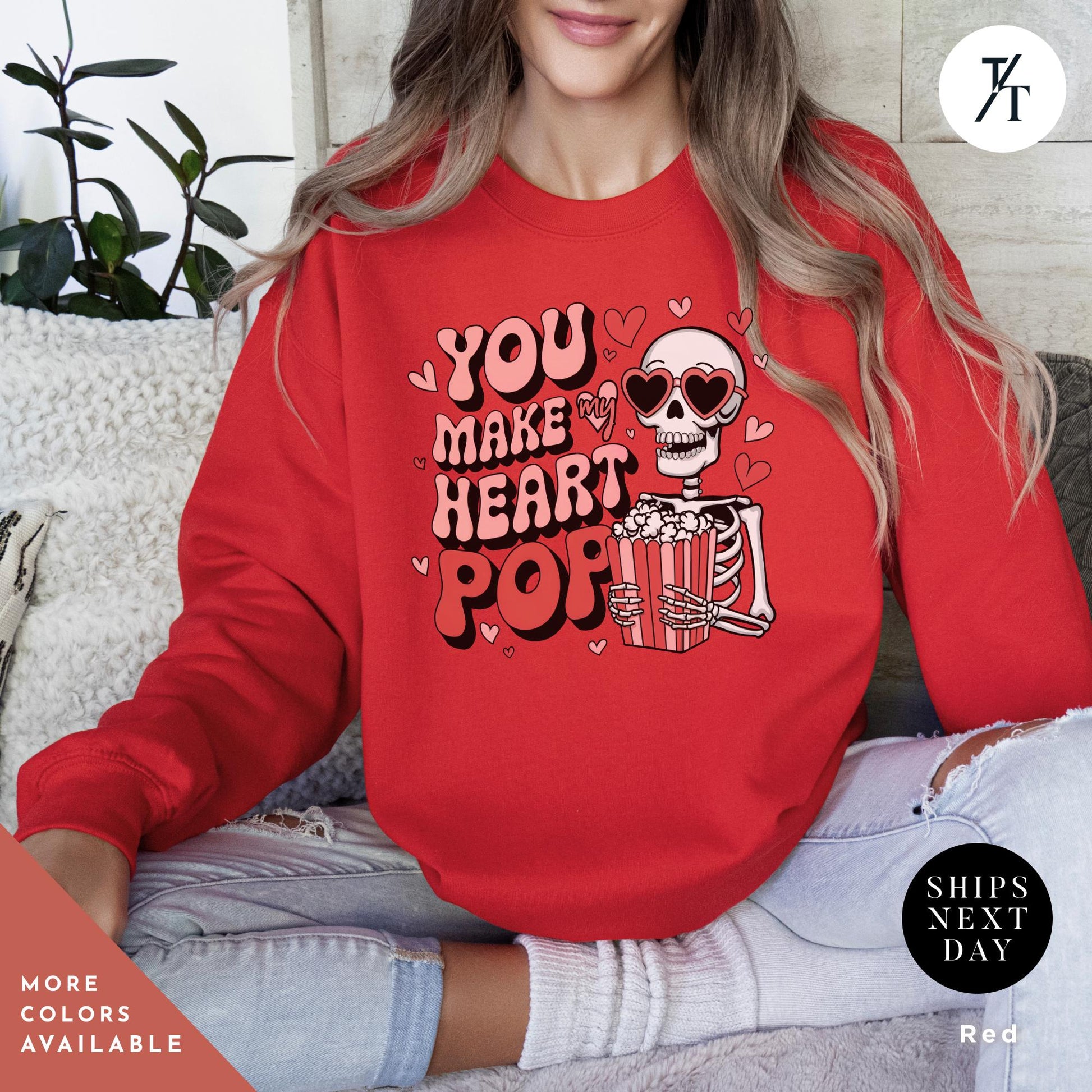 You make my heart pop skeleton Valentines Day Sweatshirt Gift For Her, Funny Popcorn Lover Gift Pop Heart Sweatshirts