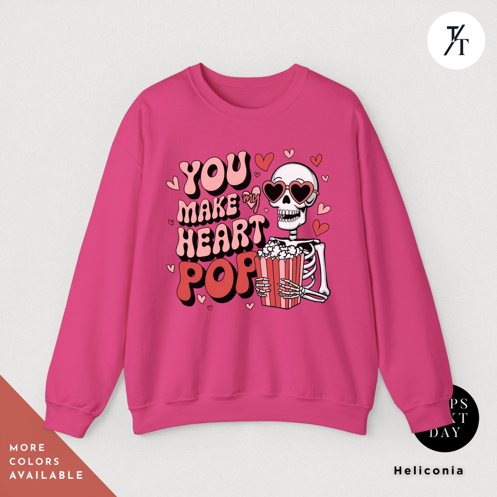 You make my heart pop skeleton Valentines Day Sweatshirt Gift For Her, Funny Popcorn Lover Gift Pop Heart Sweatshirts