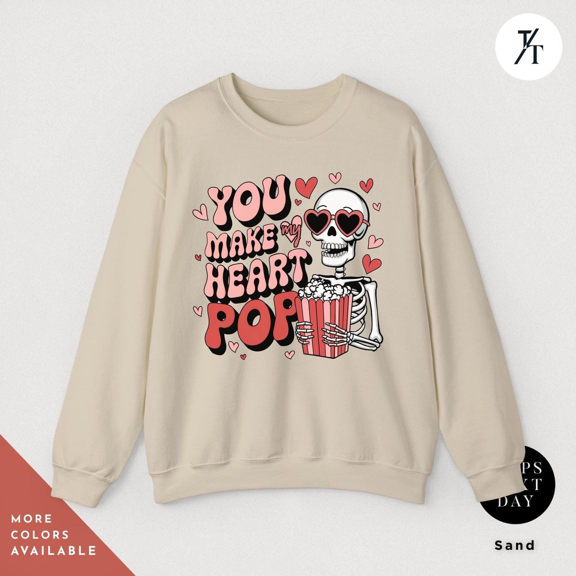 You make my heart pop skeleton Valentines Day Sweatshirt Gift For Her, Funny Popcorn Lover Gift Pop Heart Sweatshirts