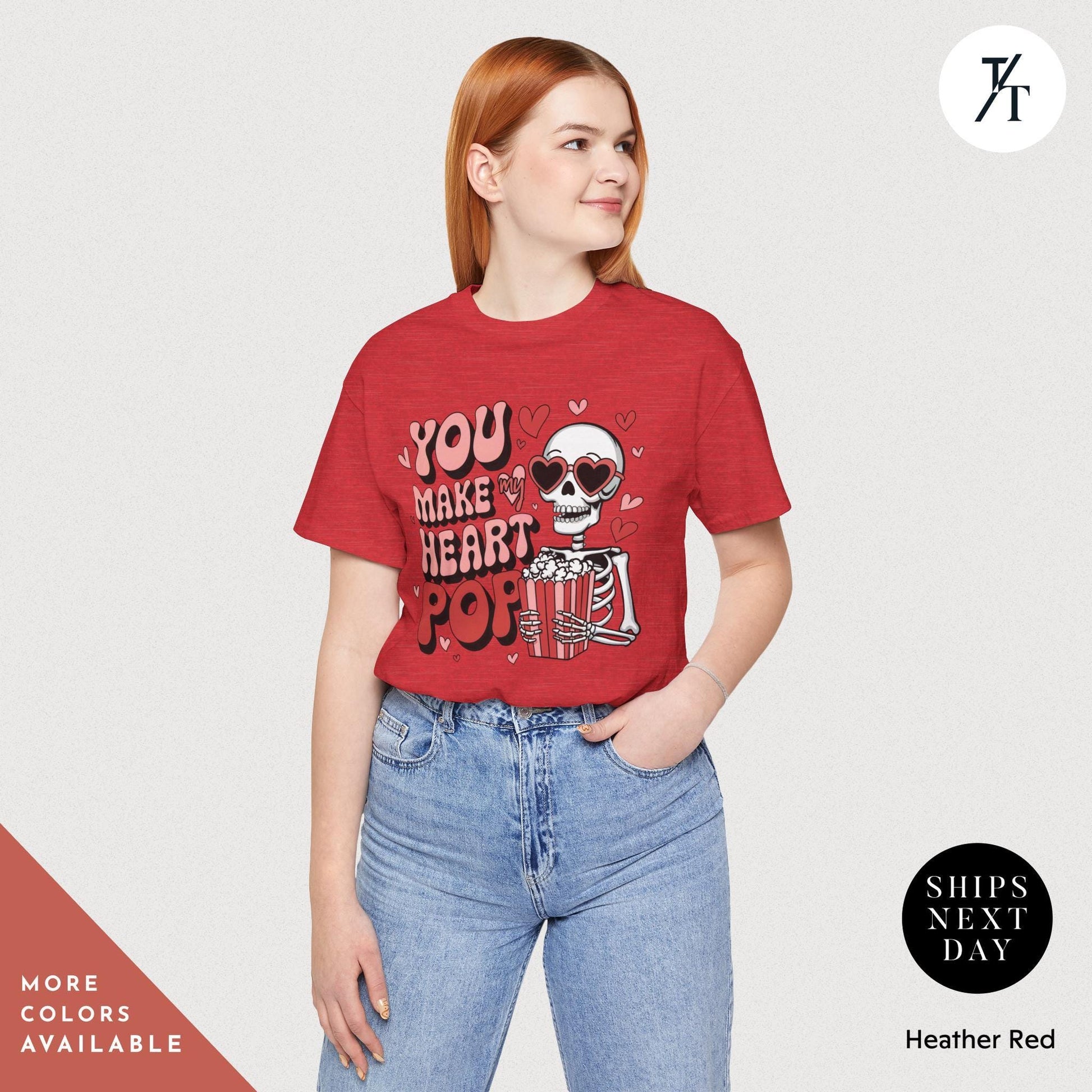 Woman wearing a shirt with a skeleton holding popcorn that says You Make My Heart Pop, Shirt Funny Skeleton Valentines Gift For Her, Retro Valentines Day Skeleton shirt, Heart Pops For You Valentine tee
