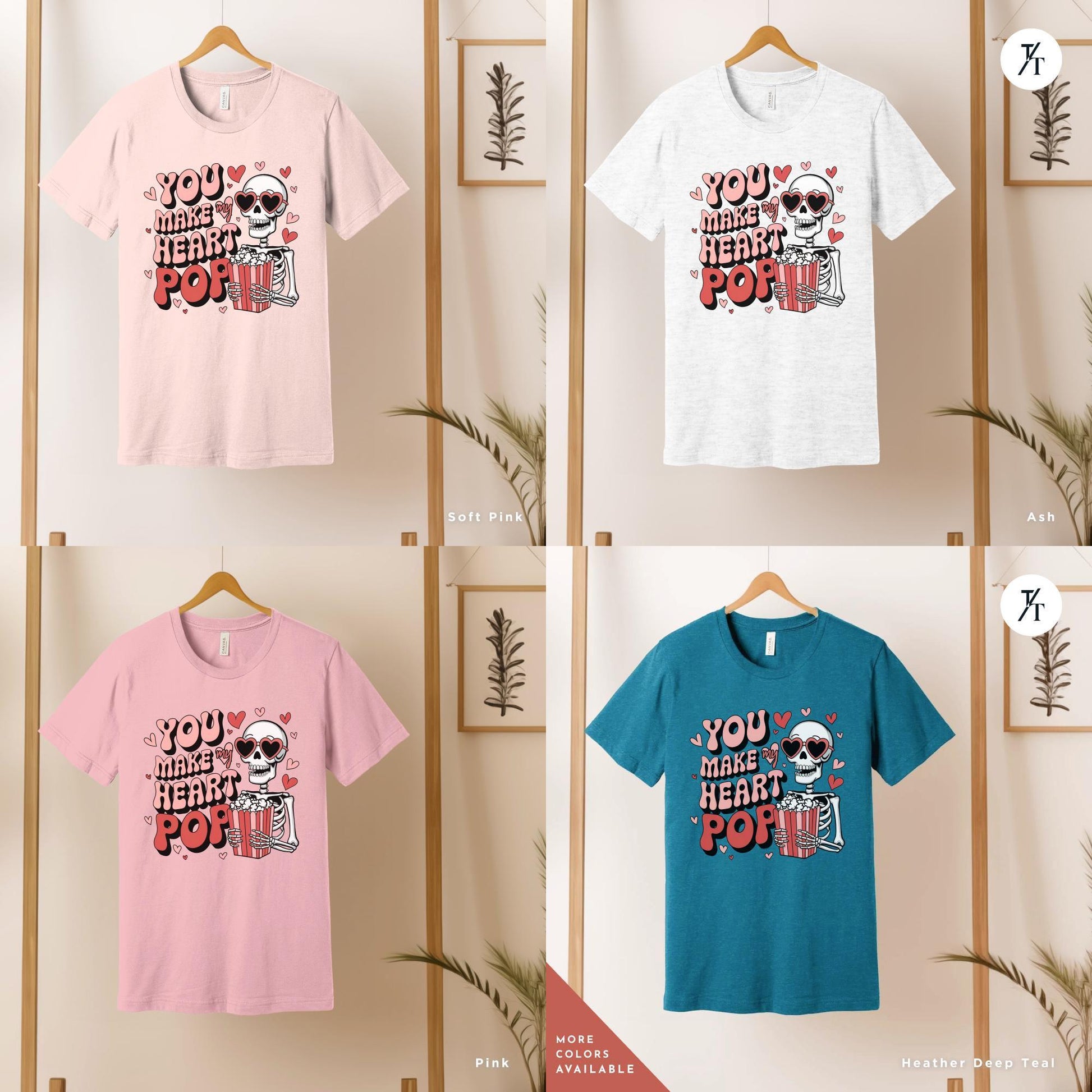 a grid of 4 shirts of various colors with a skeleton holding popcorn that says You Make My Heart Pop, Shirt Funny Skeleton Valentines Gift For Her, Retro Valentines Day Skeleton shirt, Heart Pops For You Valentine tee