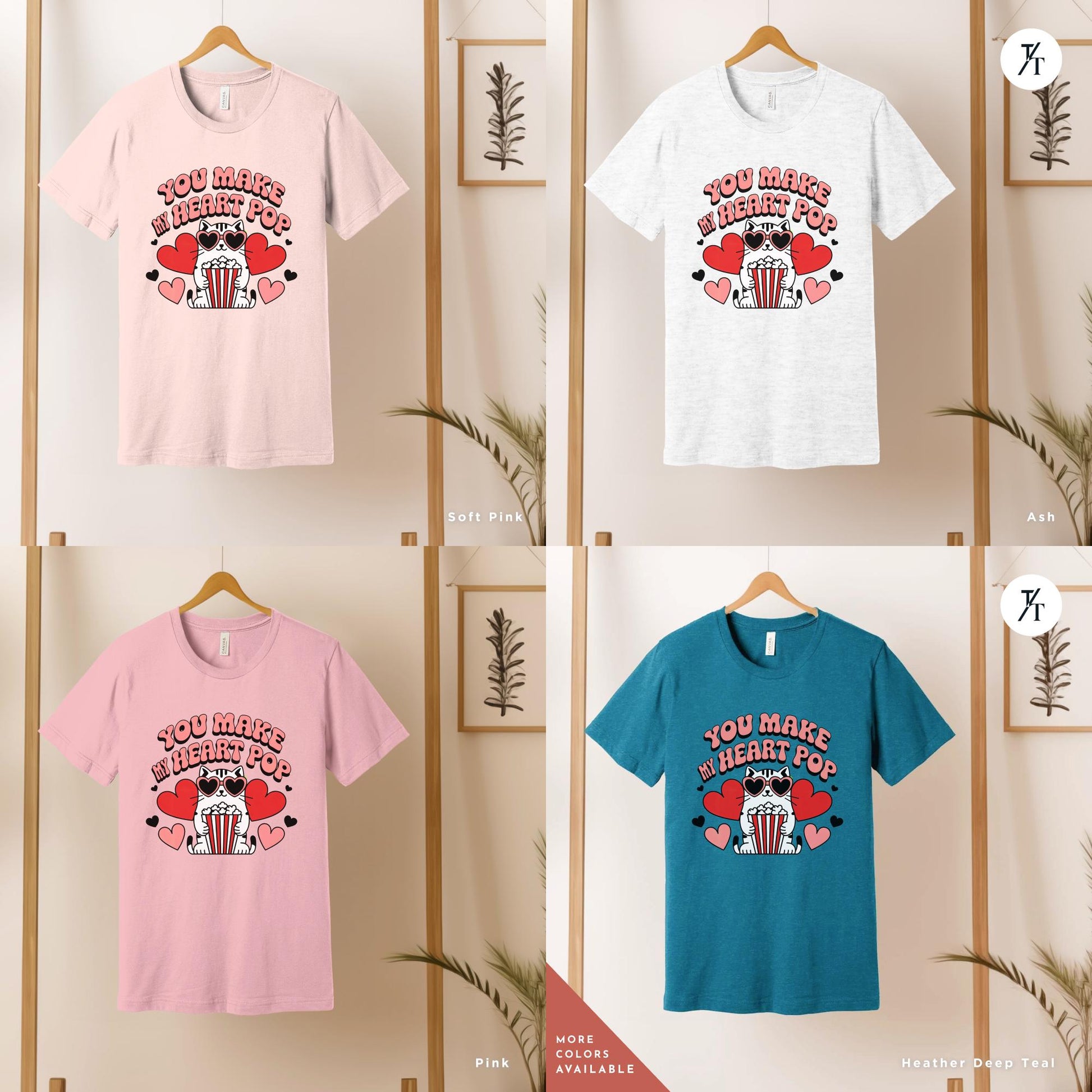 a grid of 4 t-shirts of various colors that say a t - shirt with the words You Make My Heart Pop Shirt, Valentine Cat Shirt, Retro Valentines Day Shirts, Funny Valentine Tee, Cute Popcorn Valentines Gift for Her