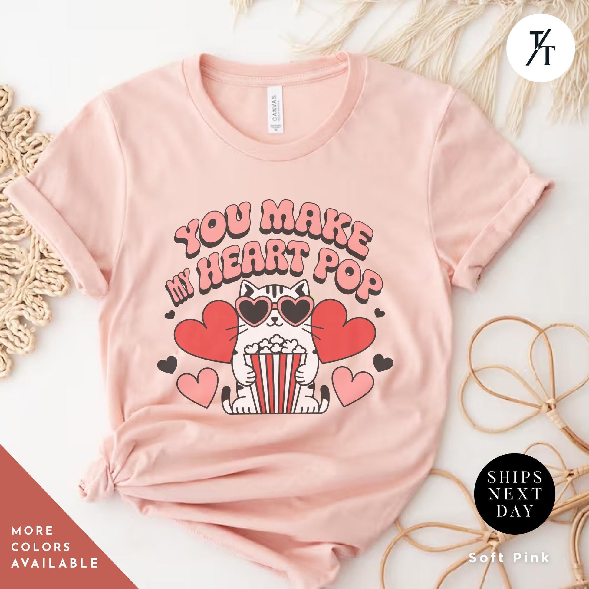 a t - shirt with the words You Make My Heart Pop Shirt, Valentine Cat Shirt, Retro Valentines Day Shirts, Funny Valentine Tee, Cute Popcorn Valentines Gift for Her