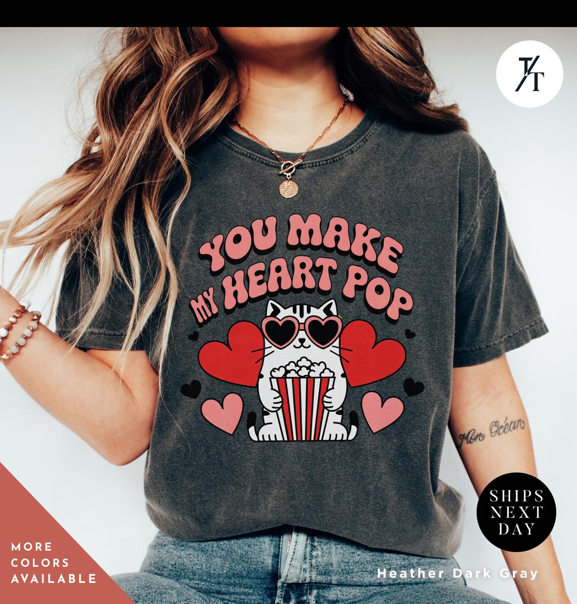a woman wearing a t - shirt with the words You Make My Heart Pop Shirt, Valentine Cat Shirt, Retro Valentines Day Shirts, Funny Valentine Tee, Cute Popcorn Valentines Gift for Her