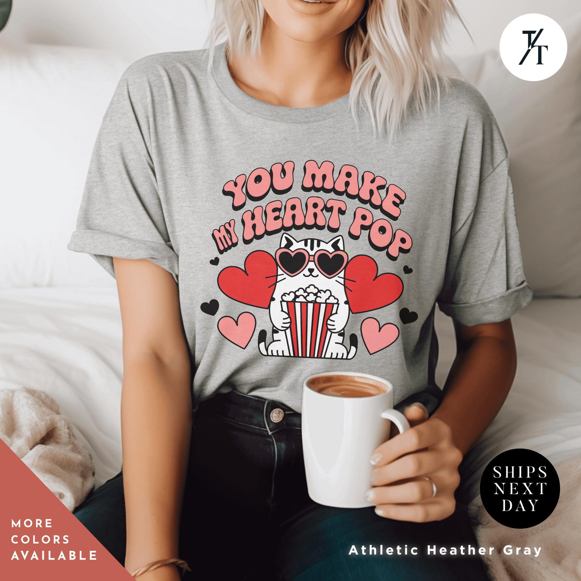 a woman wearing a t - shirt with the words You Make My Heart Pop Shirt, Valentine Cat Shirt, Retro Valentines Day Shirts, Funny Valentine Tee, Cute Popcorn Valentines Gift for Her