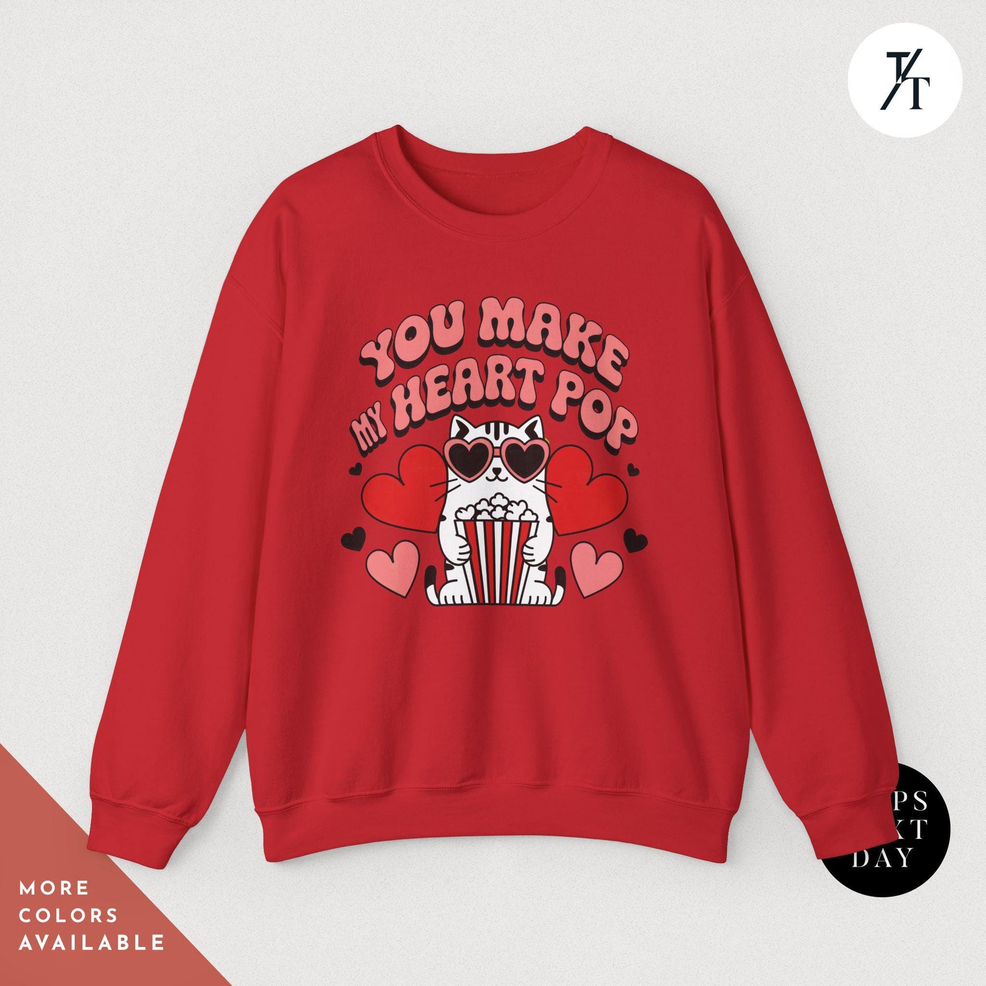 a woman wearing a t - shirt with the words You Make My Heart Pop Shirt, Valentine Cat Shirt, Retro Valentines Day Shirts, Funny Valentine Tee, Cute Popcorn Valentines Gift for Her