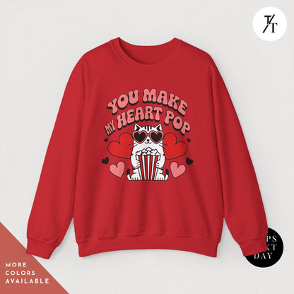 a woman wearing a t - shirt with the words You Make My Heart Pop Shirt, Valentine Cat Shirt, Retro Valentines Day Shirts, Funny Valentine Tee, Cute Popcorn Valentines Gift for Her