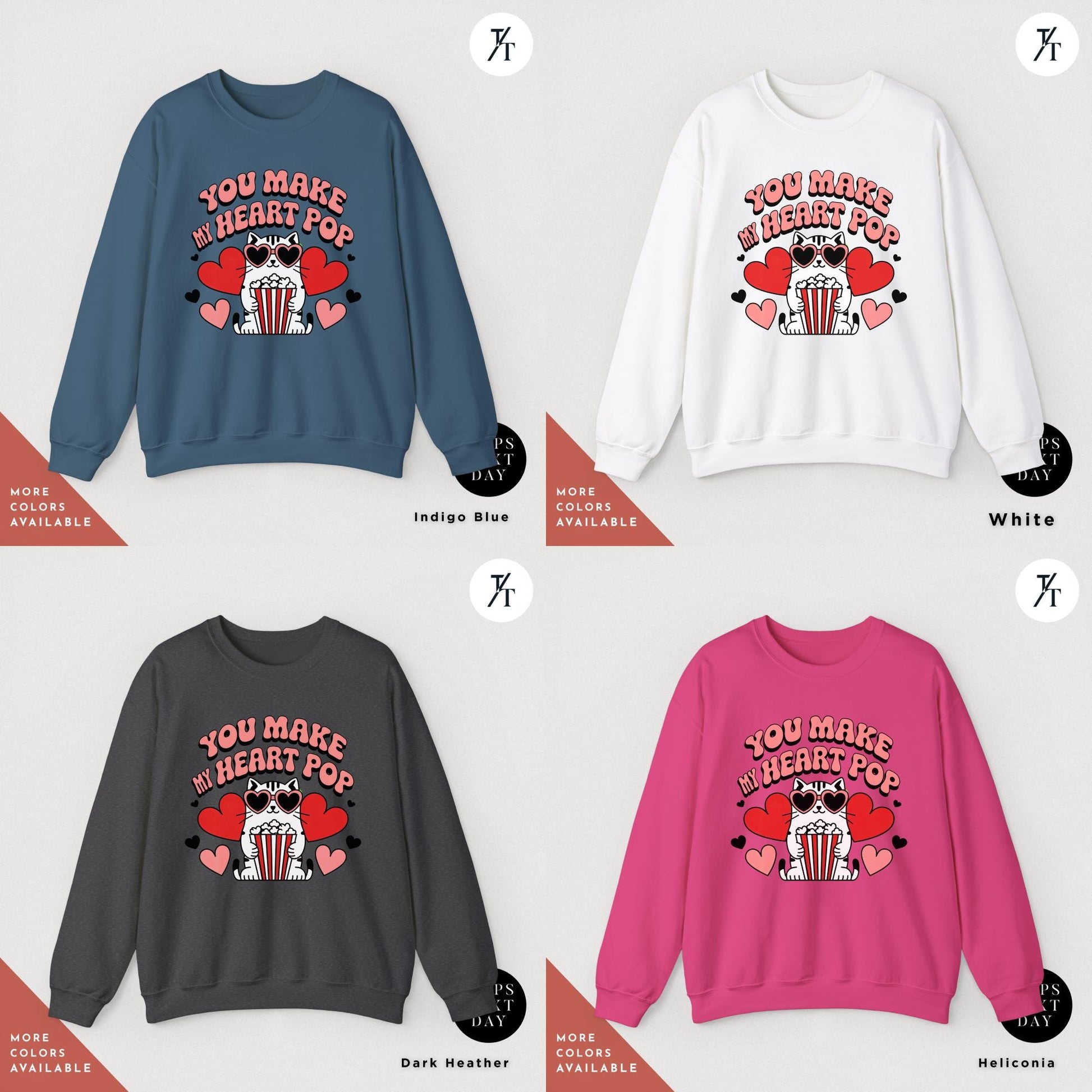 4 sweatshirts of various colors that say you make my heart pop Cat Sweatshirt, Funny Valentine Cat Hoodie, Retro Valentines Day Sweatshirt, Cute Gift for Cat Lovers sweater