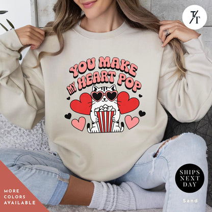 You Make My Heart Pop Valentines Day Cat Sweatshirt, Funny Valentine Cat Hoodie, Retro Valentines Day Sweatshirt, Cute Gift for Cats Lovers