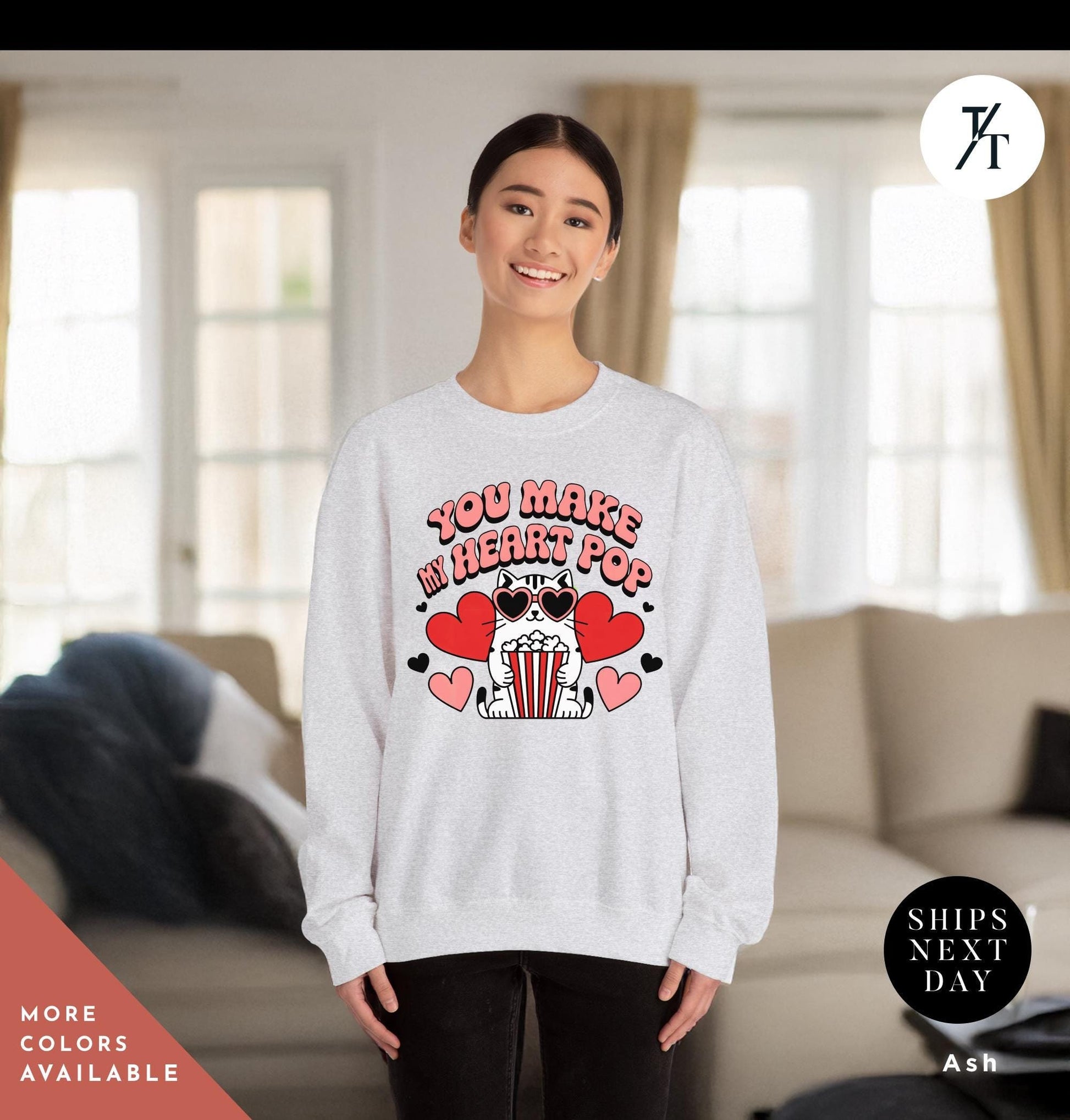 a woman wearing a t - shirt with the words You Make My Heart Pop Shirt, Valentine Cat Shirt, Retro Valentines Day Shirts, Funny Valentine Tee, Cute Popcorn Valentines Gift for Her