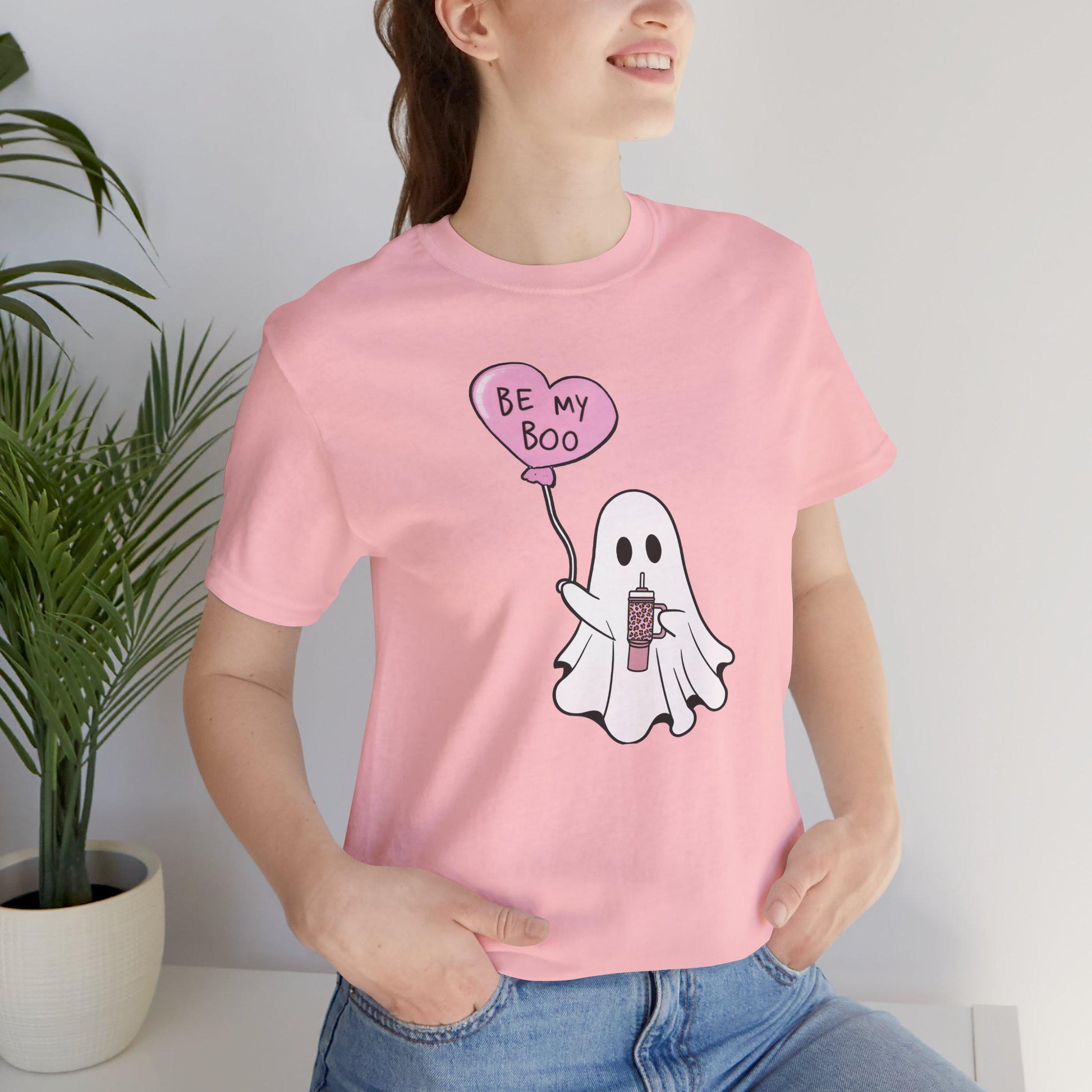 a woman wearing a pink shirt with a ghost holding a heart balloon that says Be My Boo Ghost Shirt, Boo Valentine Cute Ghost Shirt, Cute Valentine Ghosts Tee, Retro Valentines Day Shirts, Valentines Ghosts Lover Gift