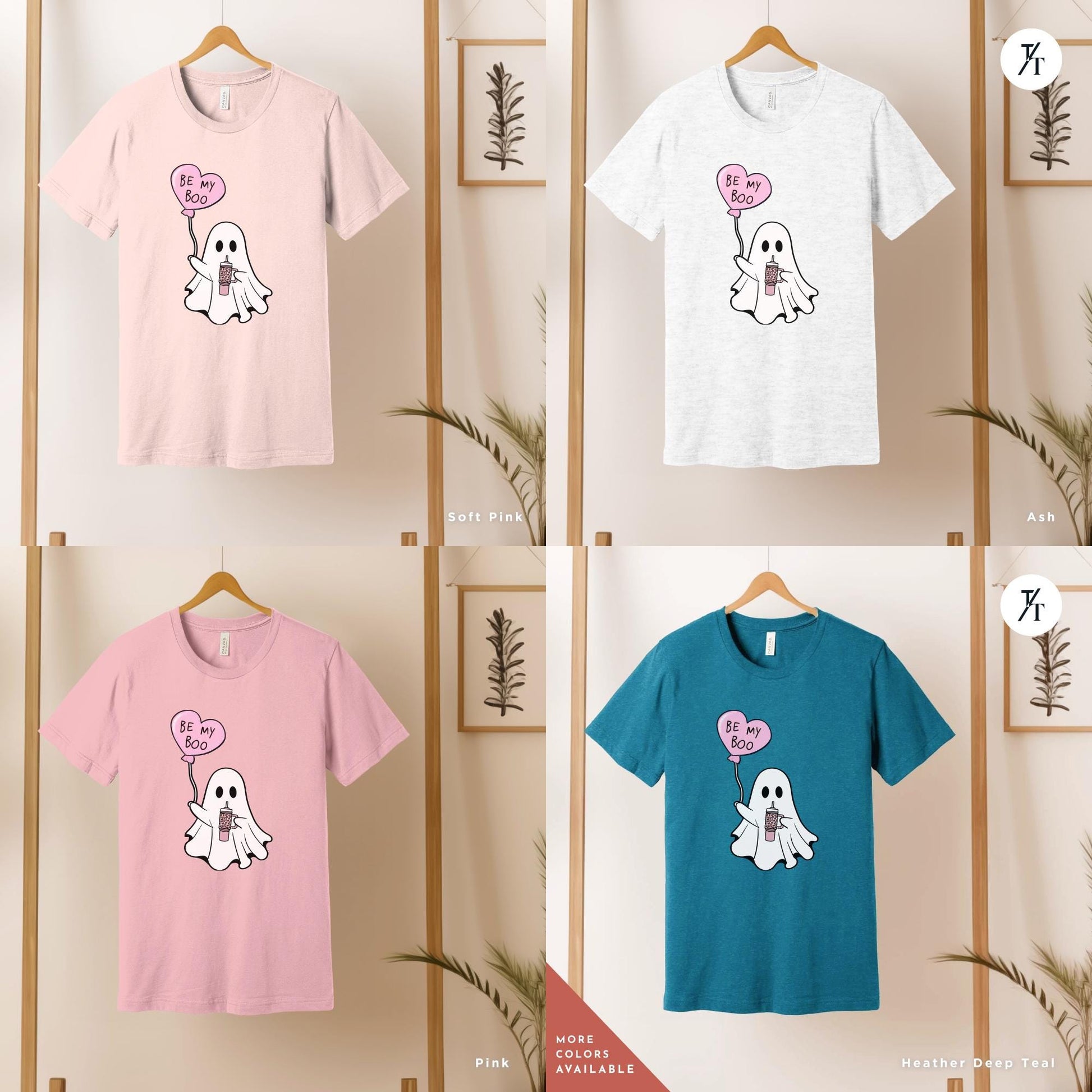 a grid of 4 shirts of various colors with a ghost holding a heart balloon that says Be My Boo Ghost Shirt, Boo Valentine Cute Ghost Shirt, Cute Valentine Ghosts Tee, Retro Valentines Day Shirts, Valentines Ghosts Lover Gift