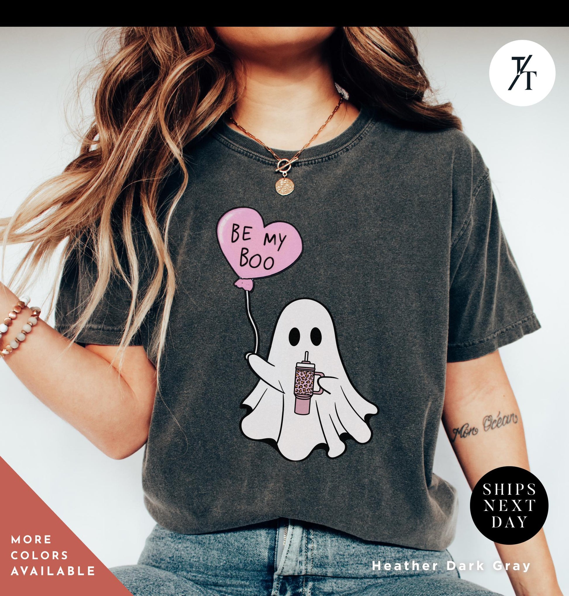a woman wearing a grey shirt with a ghost holding a heart balloon that says Be My Boo Ghost Shirt, Boo Valentine Cute Ghost Shirt, Cute Valentine Ghosts Tee, Retro Valentines Day Shirts, Valentines Ghosts Lover Gift