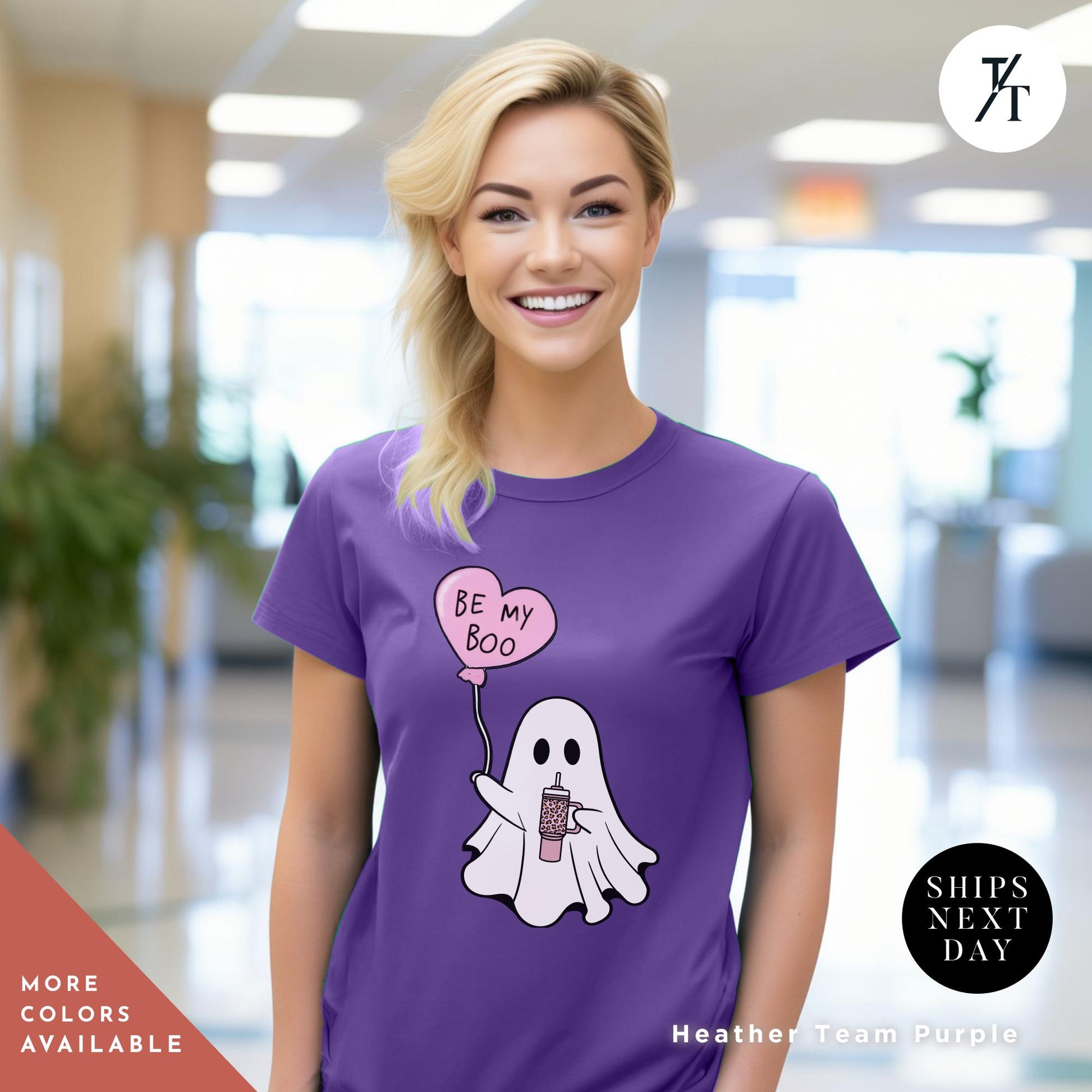 a woman wearing a purple shirt with a ghost holding a heart balloon that says Be My Boo Ghost Shirt, Boo Valentine Cute Ghost Shirt, Cute Valentine Ghosts Tee, Retro Valentines Day Shirts, Valentines Ghosts Lover Gift