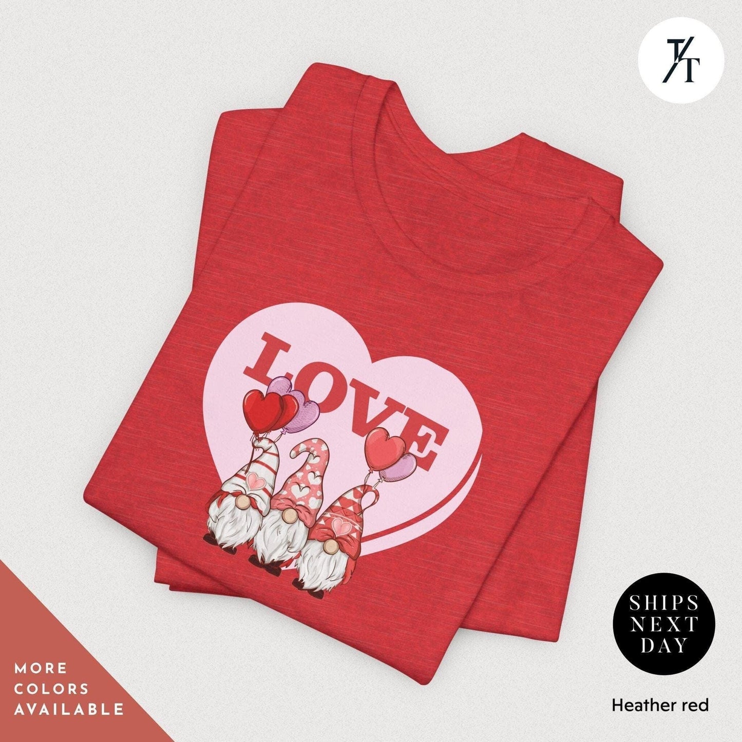 a red shirt with a heart and gnomes on it, Gnome Love Shirt Valentines Day Shirt, Valentines Day Gift, Gnome Valentine Tee, Gift For Her, Valentine Tee, Cute Love Heart Gnomes Shirts
