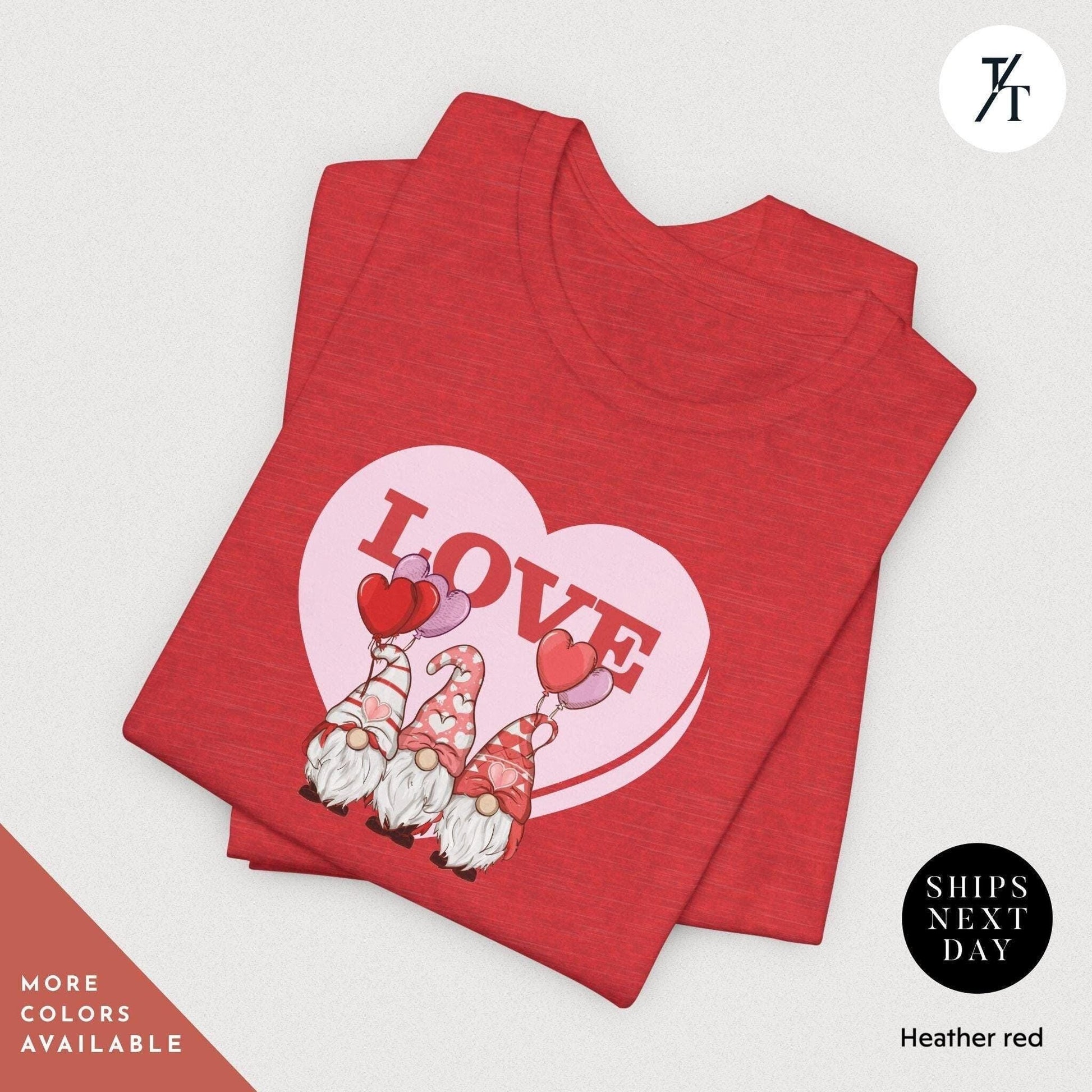 a red shirt with a heart and gnomes on it, Gnome Love Shirt Valentines Day Shirt, Valentines Day Gift, Gnome Valentine Tee, Gift For Her, Valentine Tee, Cute Love Heart Gnomes Shirts