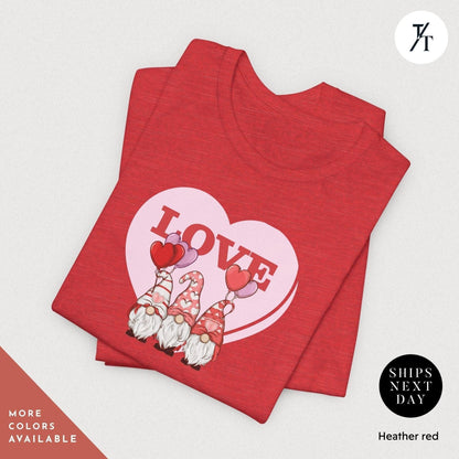 a red shirt with a heart and gnomes on it, Gnome Love Shirt Valentines Day Shirt, Valentines Day Gift, Gnome Valentine Tee, Gift For Her, Valentine Tee, Cute Love Heart Gnomes Shirts