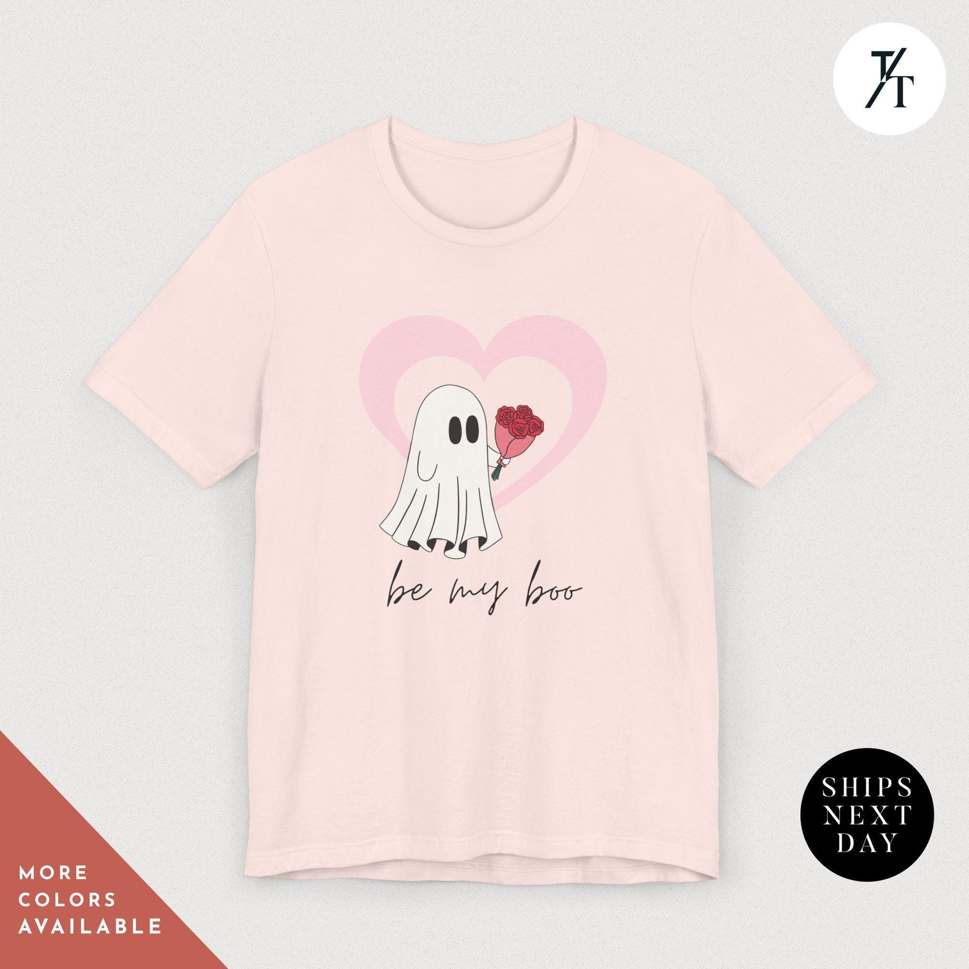 a pink shirt with a ghost holding a heart balloon that says Be My Boo Ghost Shirt, Boo Valentine Cute Ghost Shirt, Cute Valentine Ghosts Tee, Retro Valentines Day Shirts, Valentines Ghosts Lover Gift