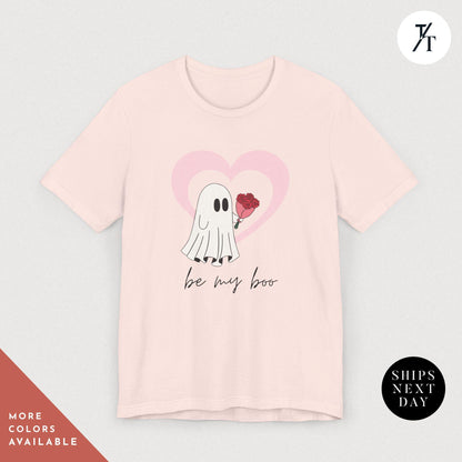 a pink shirt with a ghost holding a heart balloon that says Be My Boo Ghost Shirt, Boo Valentine Cute Ghost Shirt, Cute Valentine Ghosts Tee, Retro Valentines Day Shirts, Valentines Ghosts Lover Gift