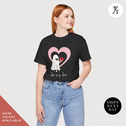 a woman wearing a dark grey shirt with a ghost holding a heart balloon that says Be My Boo Ghost Shirt, Boo Valentine Cute Ghost Shirt, Cute Valentine Ghosts Tee, Retro Valentines Day Shirts, Valentines Ghosts Lover Gift