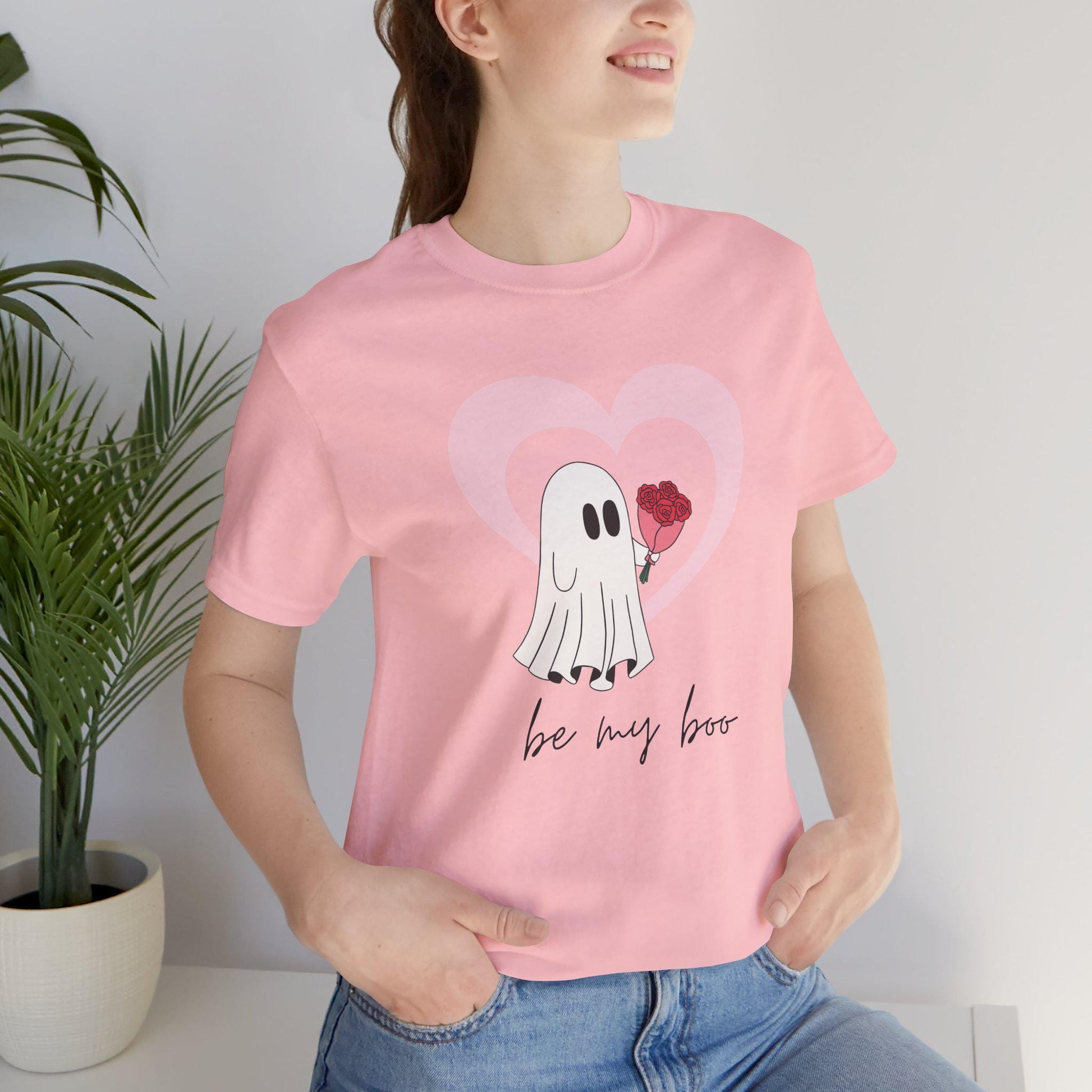 a woman wearing a pink shirt with a ghost holding a heart balloon that says Be My Boo Ghost Shirt, Boo Valentine Cute Ghost Shirt, Cute Valentine Ghosts Tee, Retro Valentines Day Shirts, Valentines Ghosts Lover Gift