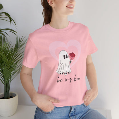 a woman wearing a pink shirt with a ghost holding a heart balloon that says Be My Boo Ghost Shirt, Boo Valentine Cute Ghost Shirt, Cute Valentine Ghosts Tee, Retro Valentines Day Shirts, Valentines Ghosts Lover Gift