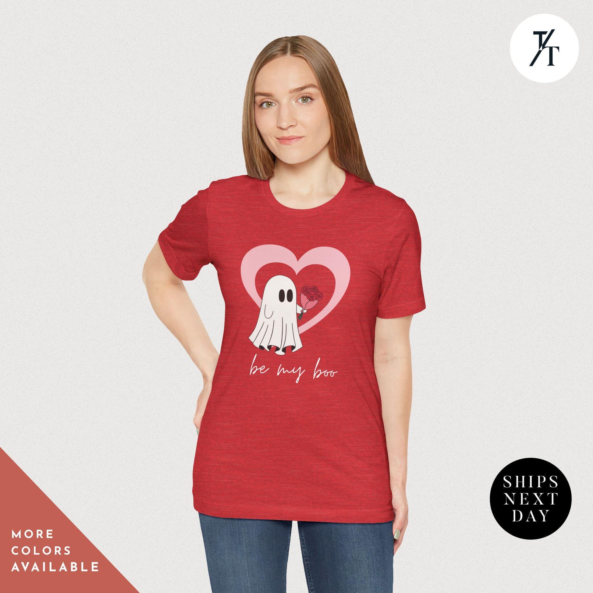 a woman wearing a red shirt with a ghost holding a heart balloon that says Be My Boo Ghost Shirt, Boo Valentine Cute Ghost Shirt, Cute Valentine Ghosts Tee, Retro Valentines Day Shirts, Valentines Ghosts Lover Gift