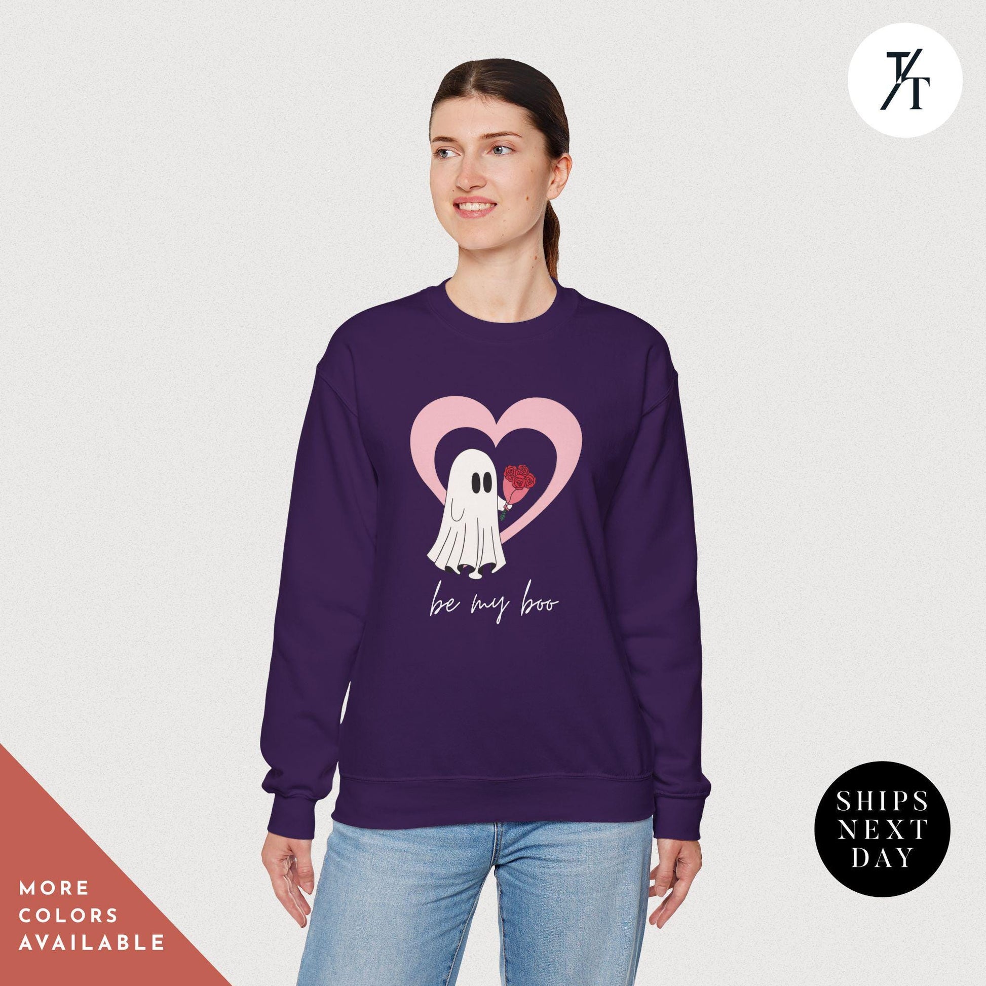 a woman wearing a purple sweatshirt with a picture ghost with roses that says Be My Boo Sweatshirt, ghost sweater, valentines day hoodie, Valentine Sweatshirt, Heart Sweatshirts, Ghost Sweater, Be Mine Sweatshirts Xoxo