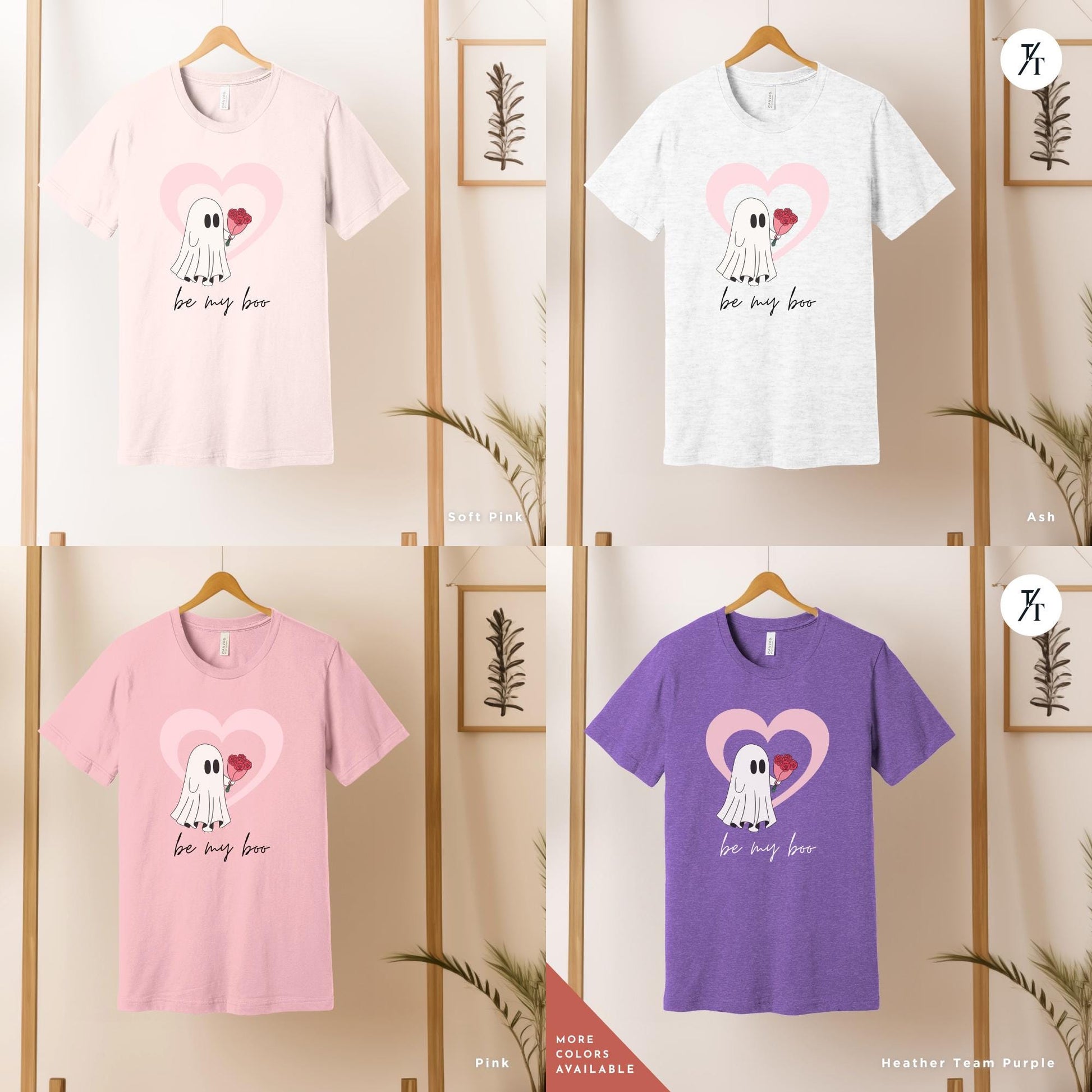 a grid of 4 shirts of various colors with a ghost holding a heart balloon that says Be My Boo Ghost Shirt, Boo Valentine Cute Ghost Shirt, Cute Valentine Ghosts Tee, Retro Valentines Day Shirts, Valentines Ghosts Lover Gift