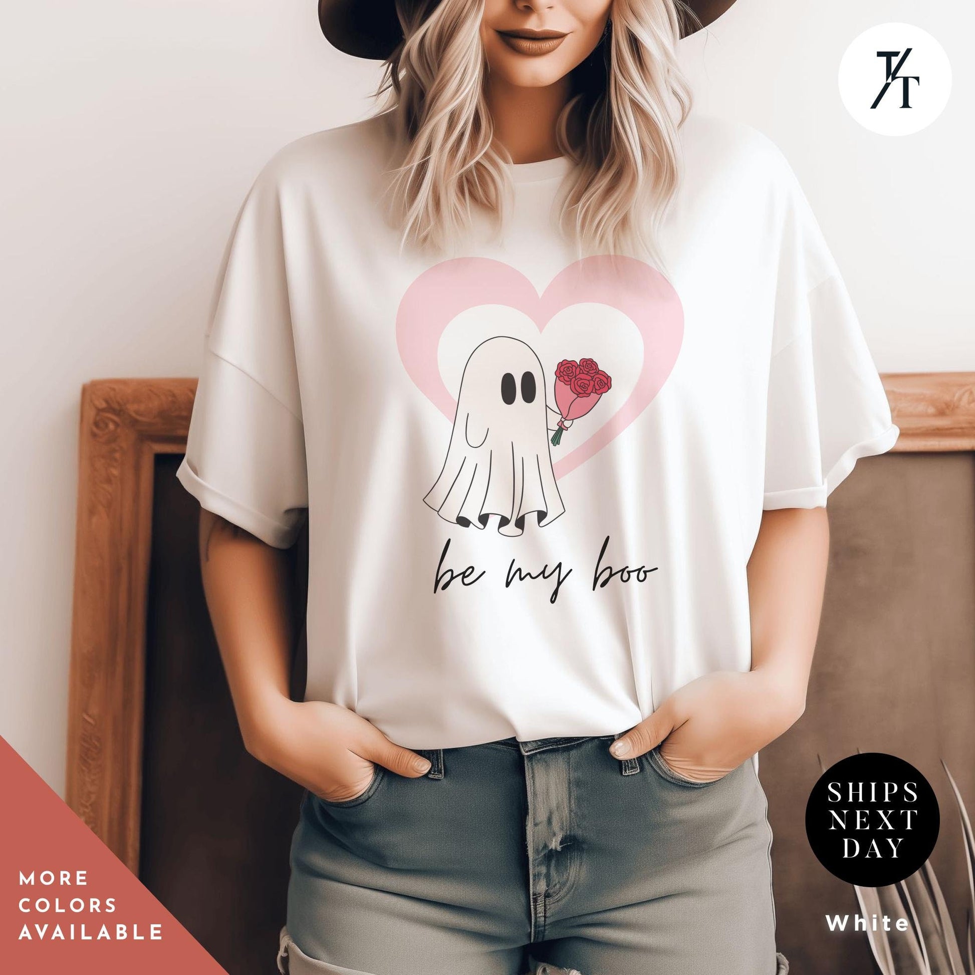 a woman wearing a white shirt with a ghost holding a heart balloon that says Be My Boo Ghost Shirt, Boo Valentine Cute Ghost Shirt, Cute Valentine Ghosts Tee, Retro Valentines Day Shirts, Valentines Ghosts Lover Gift