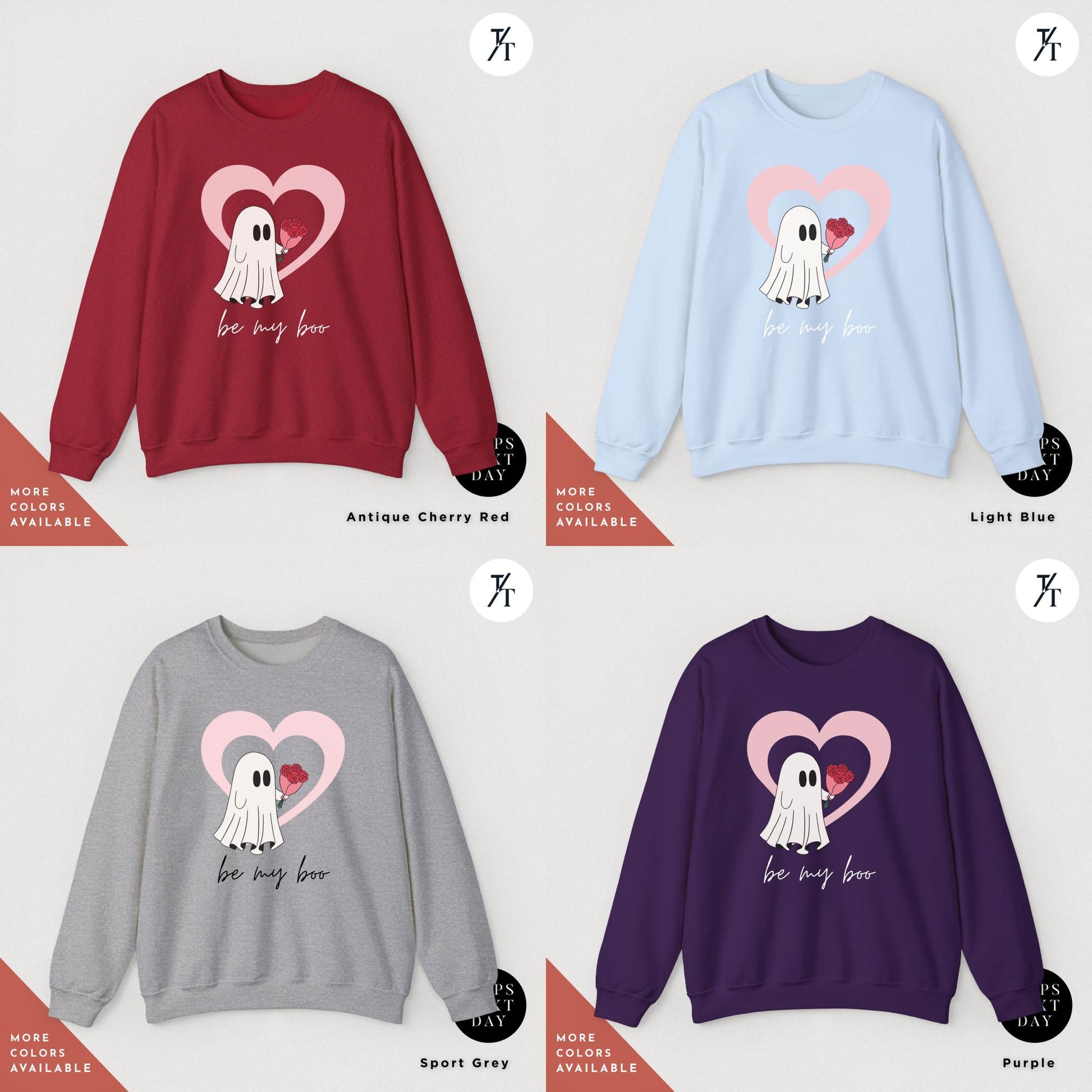 a grid of 4 sweatshirts of various colors with featuring a ghost holding a heart balloon, Be My Boo Sweatshirt, ghost sweater, valentines day hoodie, Valentine Sweatshirt, Heart Sweatshirts, Ghost Sweater, Be Mine Sweatshirts Xoxo
