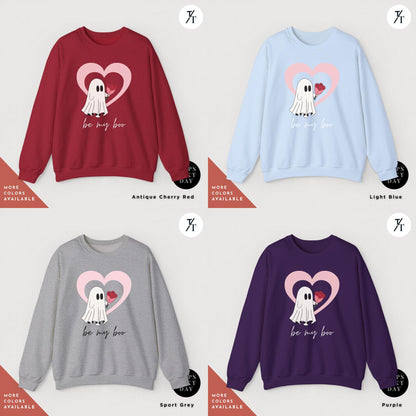 a grid of 4 sweatshirts of various colors with featuring a ghost holding a heart balloon, Be My Boo Sweatshirt, ghost sweater, valentines day hoodie, Valentine Sweatshirt, Heart Sweatshirts, Ghost Sweater, Be Mine Sweatshirts Xoxo