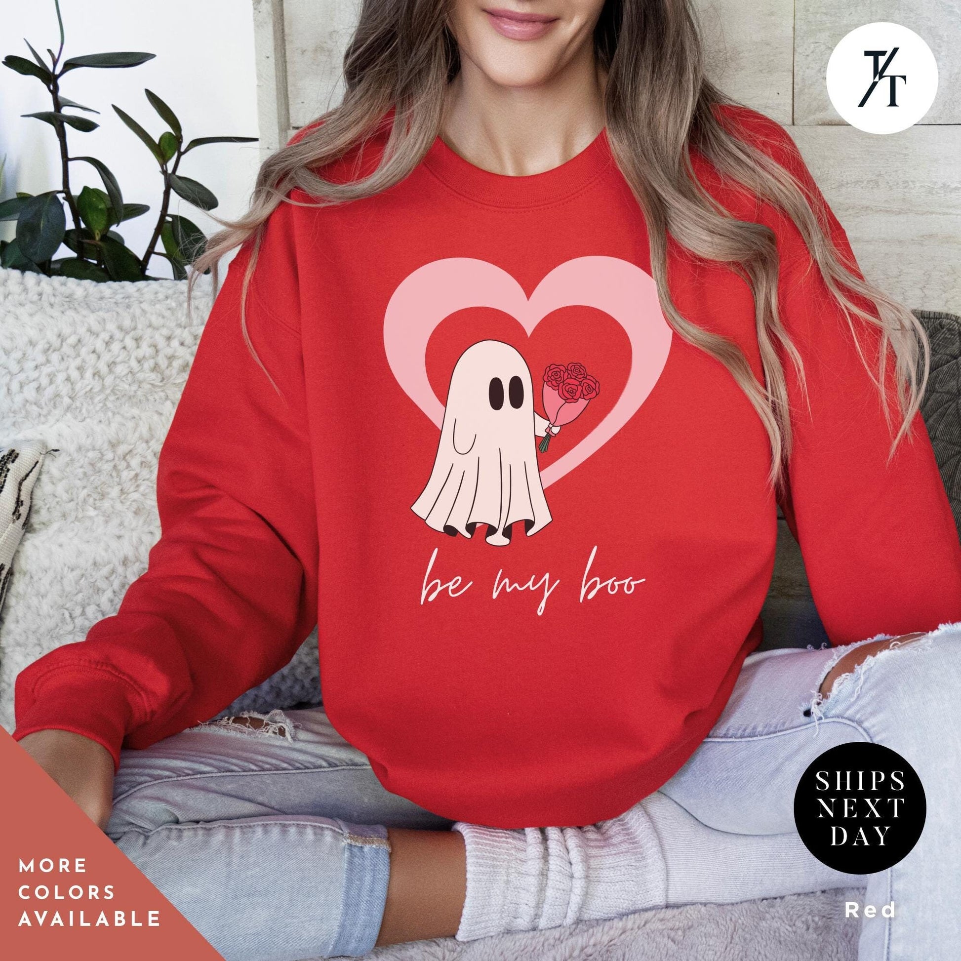 a woman wearing a red sweatshirt with a picture ghost with roses that says Be My Boo Sweatshirt, ghost sweater, valentines day hoodie, Valentine Sweatshirt, Heart Sweatshirts, Ghost Sweater, Be Mine Sweatshirts Xoxo