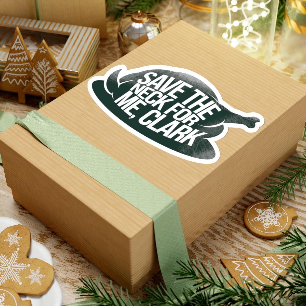 a box with a sticker on it sitting on a table, National Lampoons Decal, Christmas Vacation stickers, Chevy Chase Stocking Stuffer, Funny You Serious Clark Christmas Vinyl Laptop Stickers