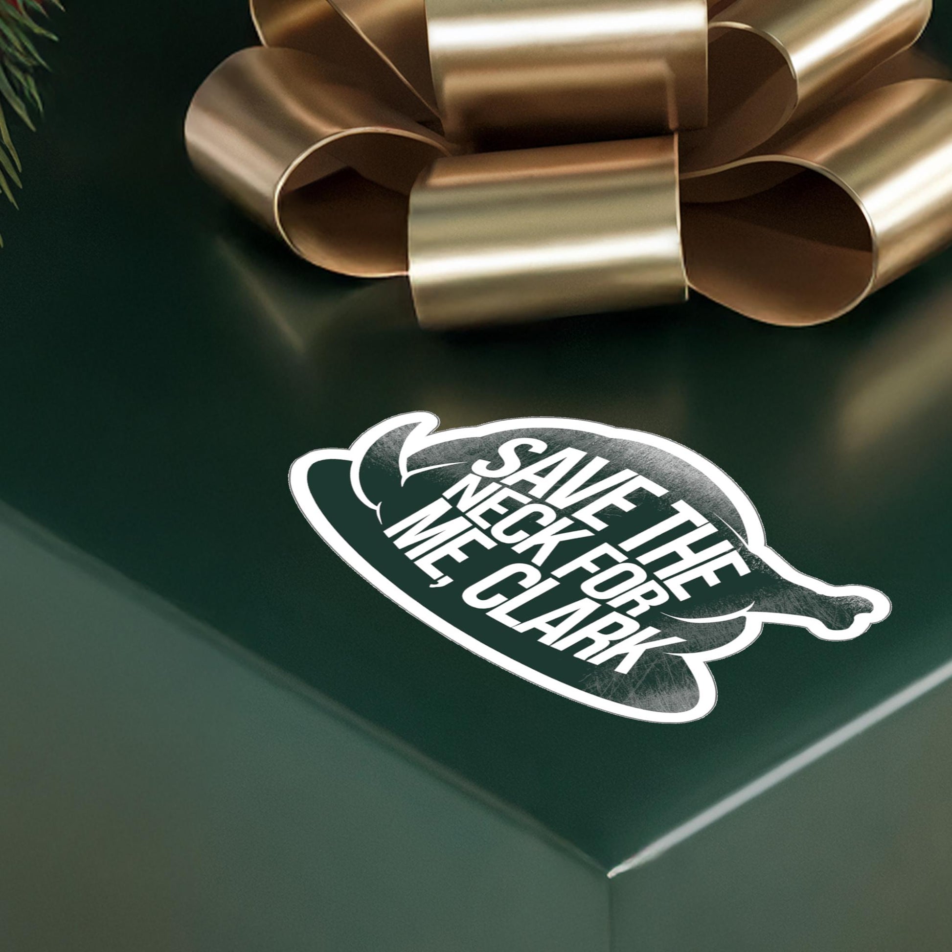 a green box with a bow and a sticker on it, National Lampoons Decal, Christmas Vacation stickers, Chevy Chase Stocking Stuffer, Funny You Serious Clark Christmas Vinyl Laptop Stickers