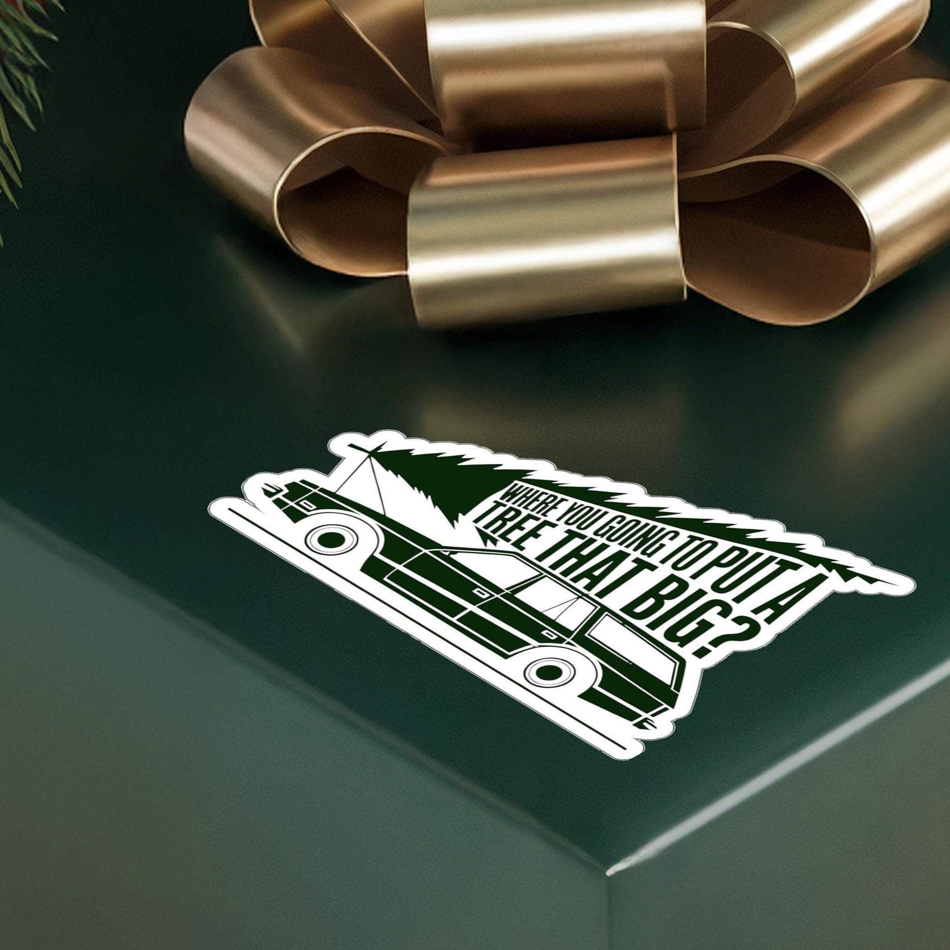 a sticker of a car with a bow on top of it, National Lampoons Decal, Christmas Vacation stickers, Chevy Chase Stocking Stuffer, Funny You Serious Clark Christmas Vinyl Laptop Stickers