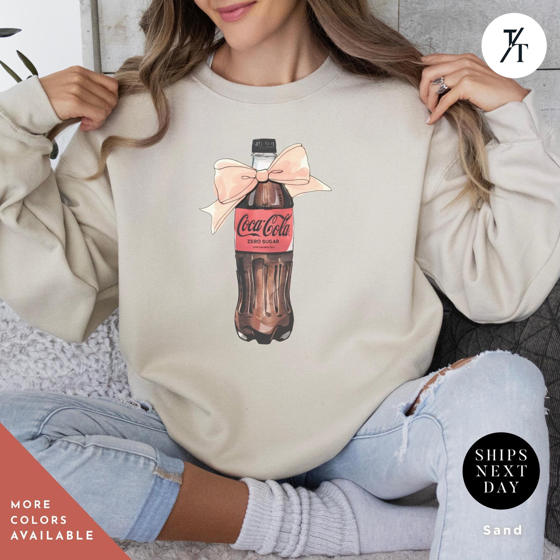 I need a coke zero sweatshirt Coke Zero Lover Coquette sweatshirt with Pink bow, Trendy Gift For Her, Ironic Minimalist Coca Cola Design