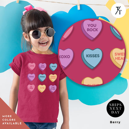 Candy Hearts Valentines day shirt for girls Valentines Day, Girl Valentine Shirt, Valentine Kid Shirts Outfit, Youth Heart Shirts, Kids tee
