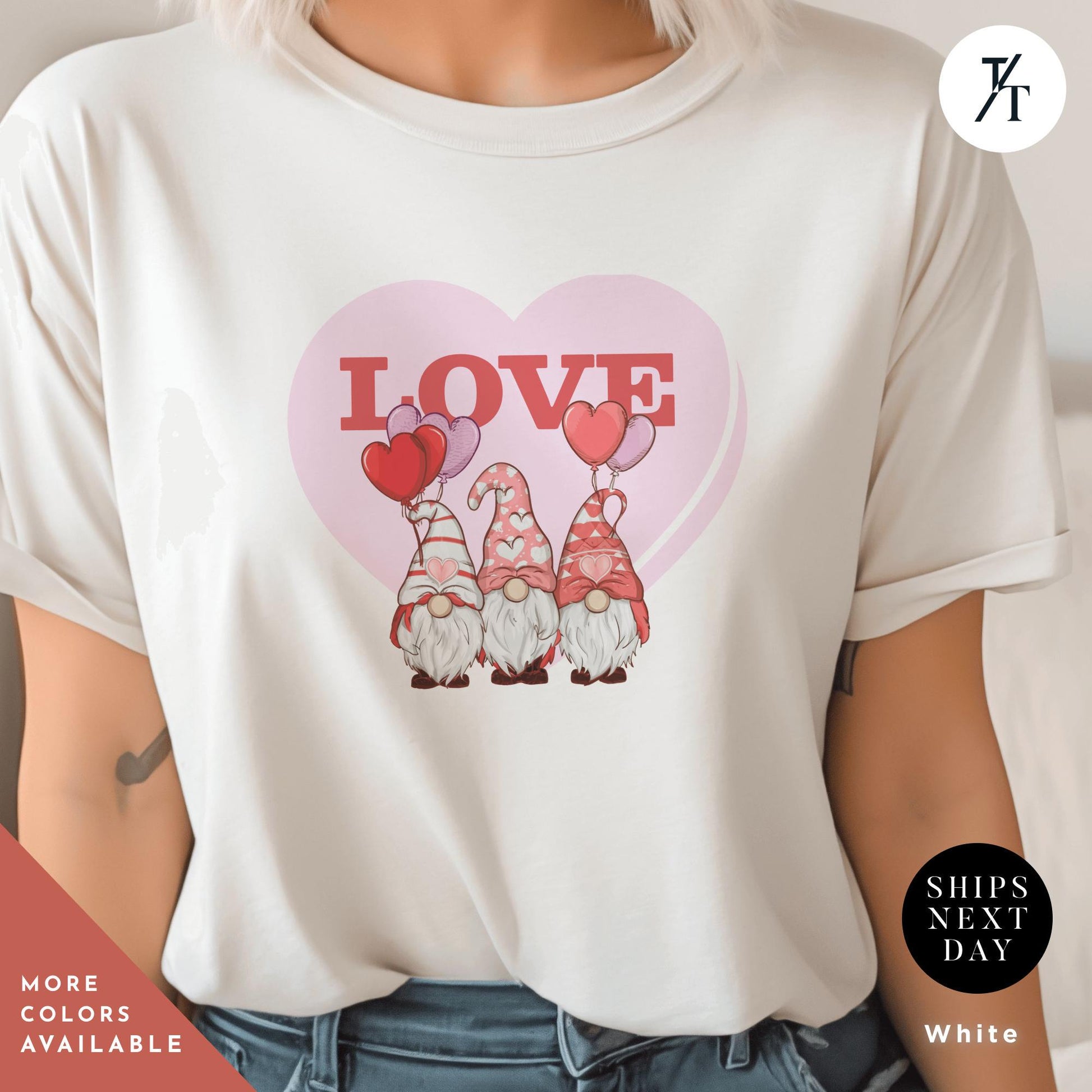 a woman wearing a white shirt with two gnomes on it, Gnome Love Shirt Valentines Day Shirt, Valentines Day Gift, Gnome Valentine Tee, Gift For Her, Valentine Tee, Cute Love Heart Gnomes Shirts