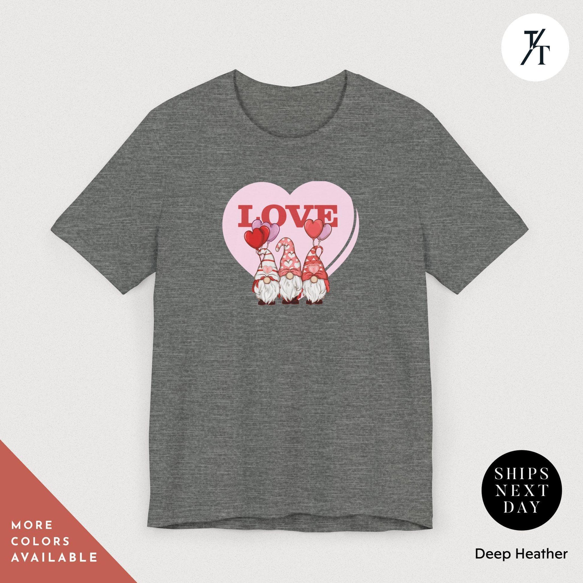 a grey shirt with a heart and gnomes on it, Gnome Love Shirt Valentines Day Shirt, Valentines Day Gift, Gnome Valentine Tee, Gift For Her, Valentine Tee, Cute Love Heart Gnomes Shirts