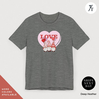 a grey shirt with a heart and gnomes on it, Gnome Love Shirt Valentines Day Shirt, Valentines Day Gift, Gnome Valentine Tee, Gift For Her, Valentine Tee, Cute Love Heart Gnomes Shirts